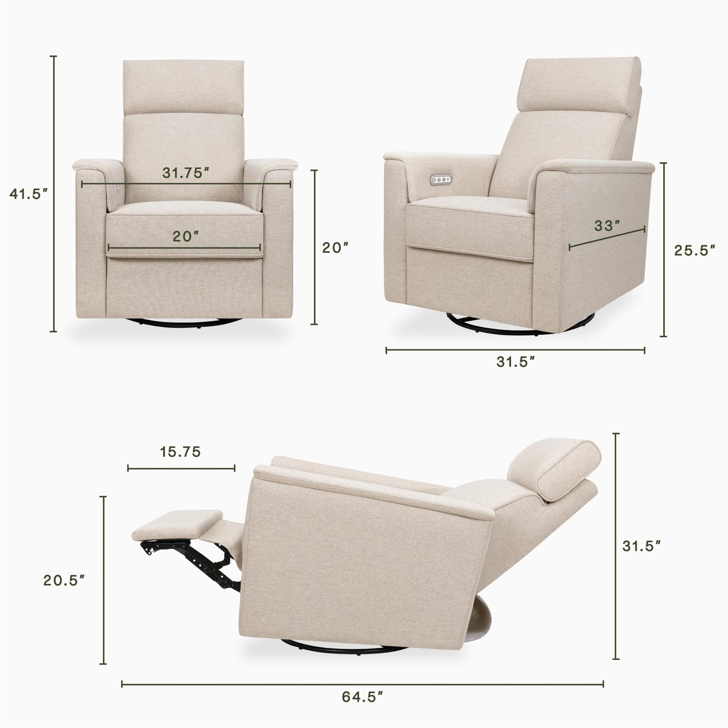 NAMESAKE Willa Plus Electric Power Recliner Chair with Headrest & USB Ports - Water & Stain Resistant Nursery Glider Rocking Chair for Nursing - GREENGUARD Gold Certified 270° Swivel Glider Recliner