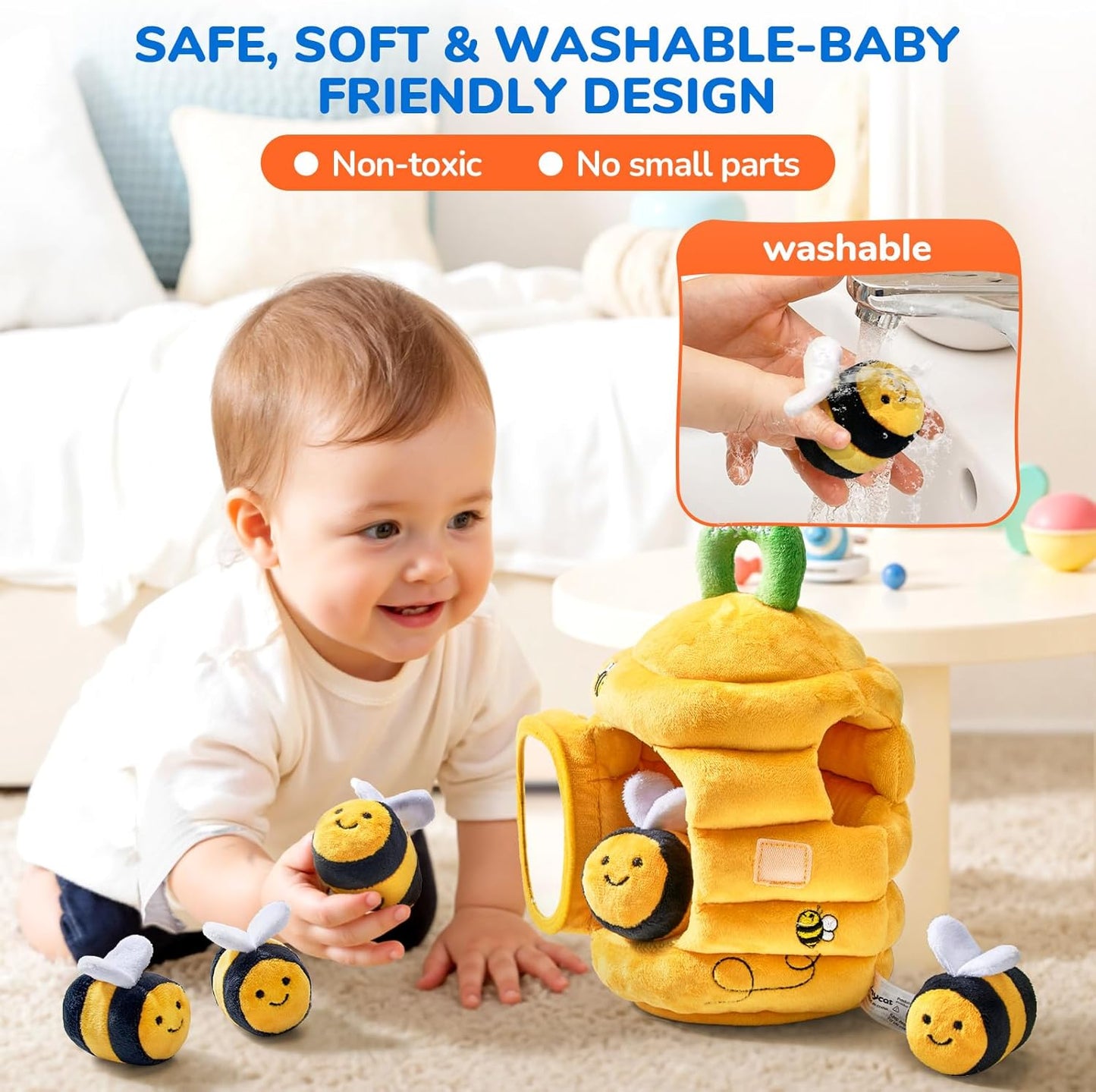 JoyCat Baby Toys 6-12 Months - Soft Baby Beehive with 5 Sensory Bees