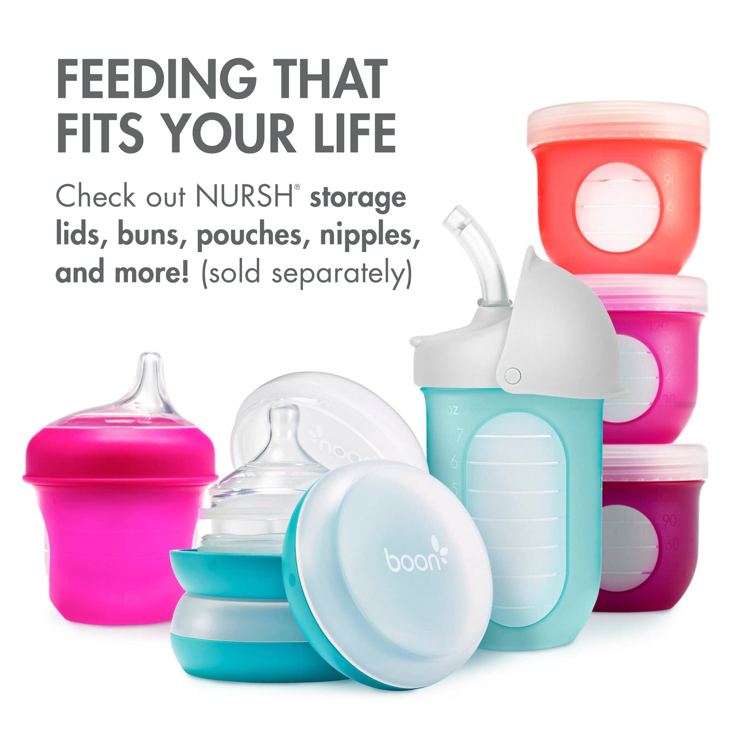 Boon Nursh Reusable Silicone Pouch Baby Bottles - Medium Flow Nipple - Silicone Baby Bottle Pouch and Nipple - Baby Feeding Essentials - Pink - 3-6 Months - 3 Count - 8 Ounce