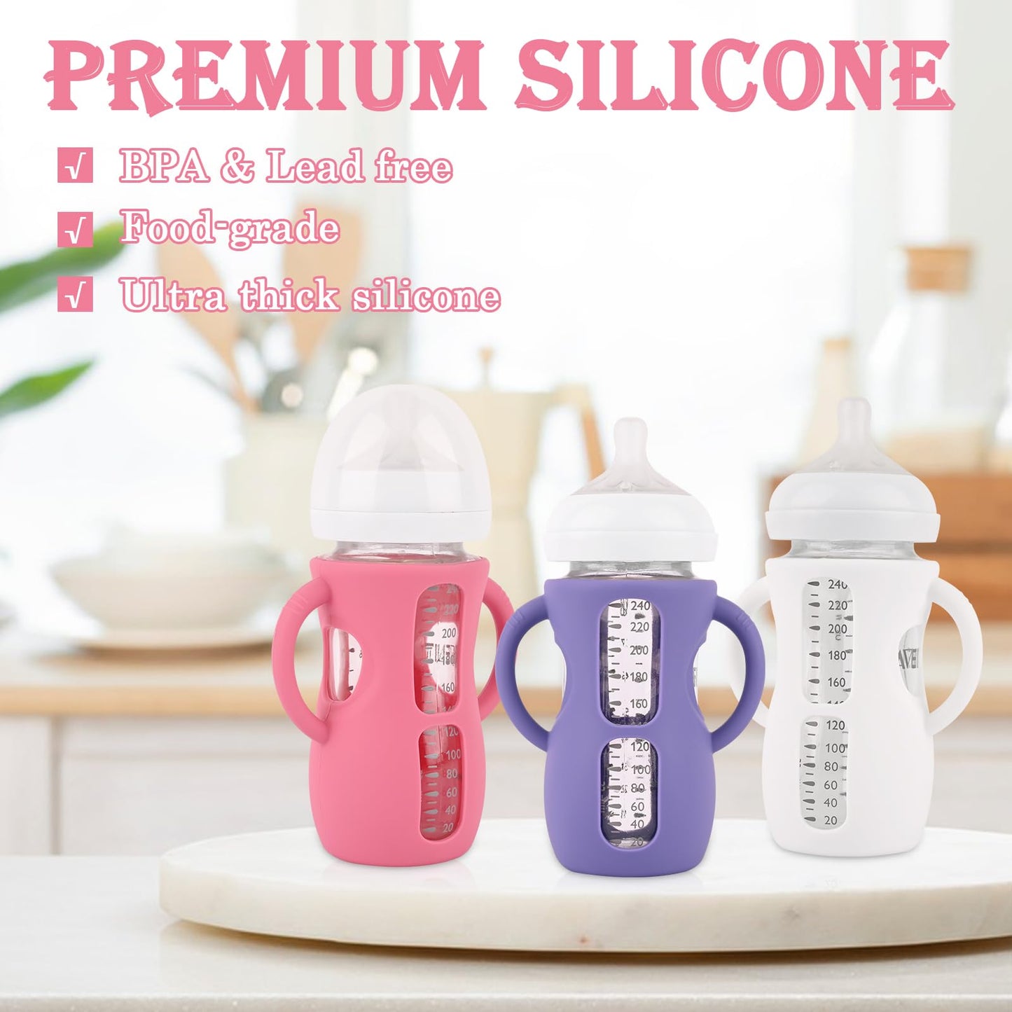 3 Pack Silicone Sleeves for Avent Natural Glass Baby Bottles, Anti Breakage Baby Bottle Holder, Compatible Philips Avent Glass Natural Baby Bottle 4 oz(Grey+Dark Blue+Apricot)