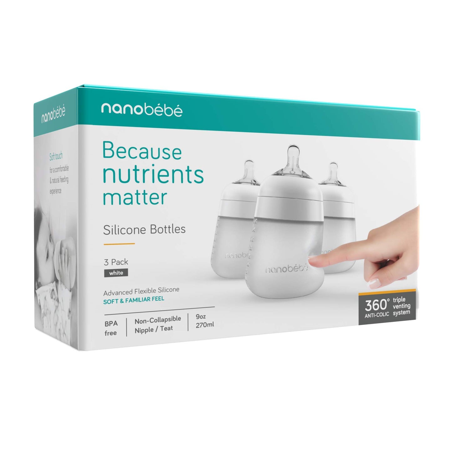 Nanobébé Flexy Silicone Baby Bottle, Anti-Colic, Natural Feel, Non-Collapsing Nipple, Non-Tip Stable Base, Easy to Clean, 3-Pack, Gray, 9oz