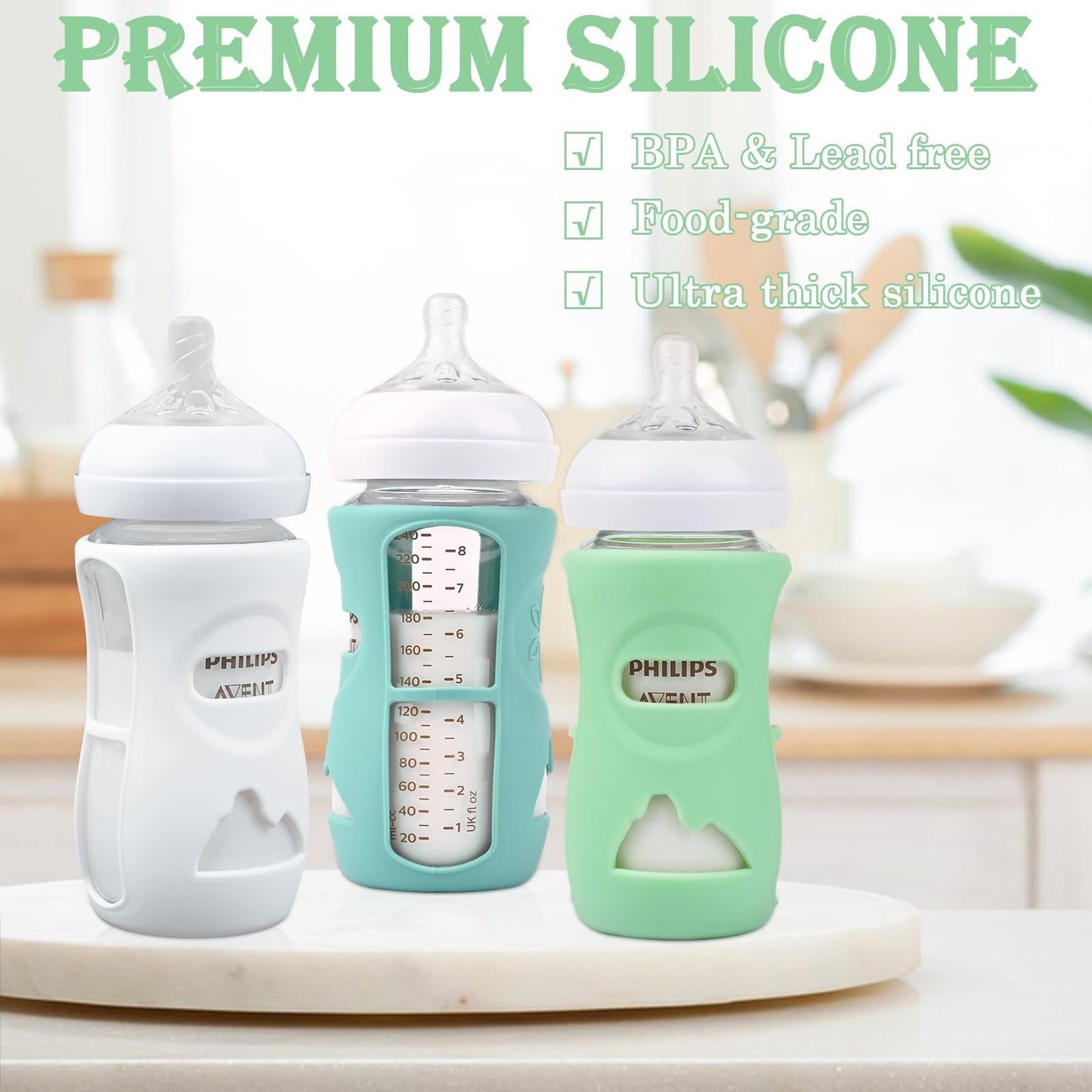 3 Pack Silicone Sleeves for Avent Natural Glass Baby Bottles, Anti Breakage Baby Bottle Holder, Compatible Philips Avent Glass Natural Baby Bottle 4 oz(Grey+Dark Blue+Apricot)