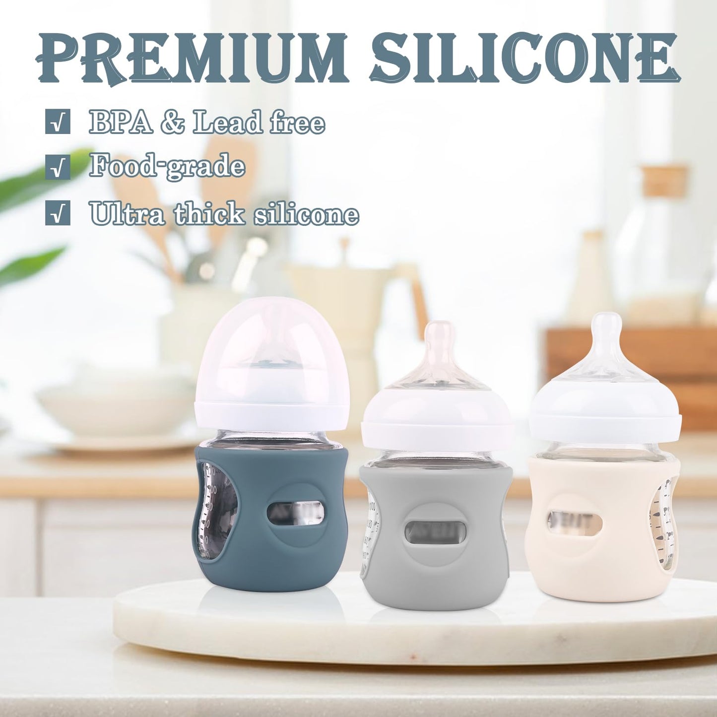 3 Pack Silicone Sleeves for Avent Natural Glass Baby Bottles, Anti Breakage Baby Bottle Holder, Compatible Philips Avent Glass Natural Baby Bottle 4 oz(Grey+Dark Blue+Apricot)