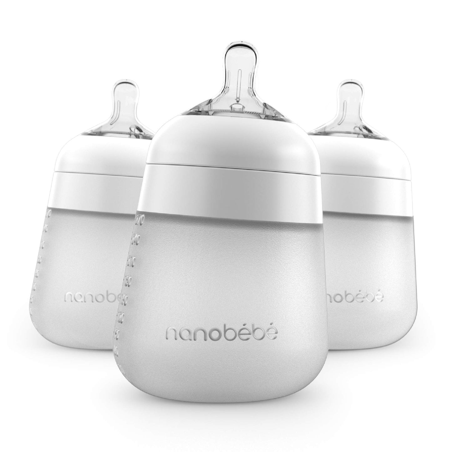 Nanobébé Flexy Silicone Baby Bottle, Anti-Colic, Natural Feel, Non-Collapsing Nipple, Non-Tip Stable Base, Easy to Clean, 3-Pack, Gray, 9oz