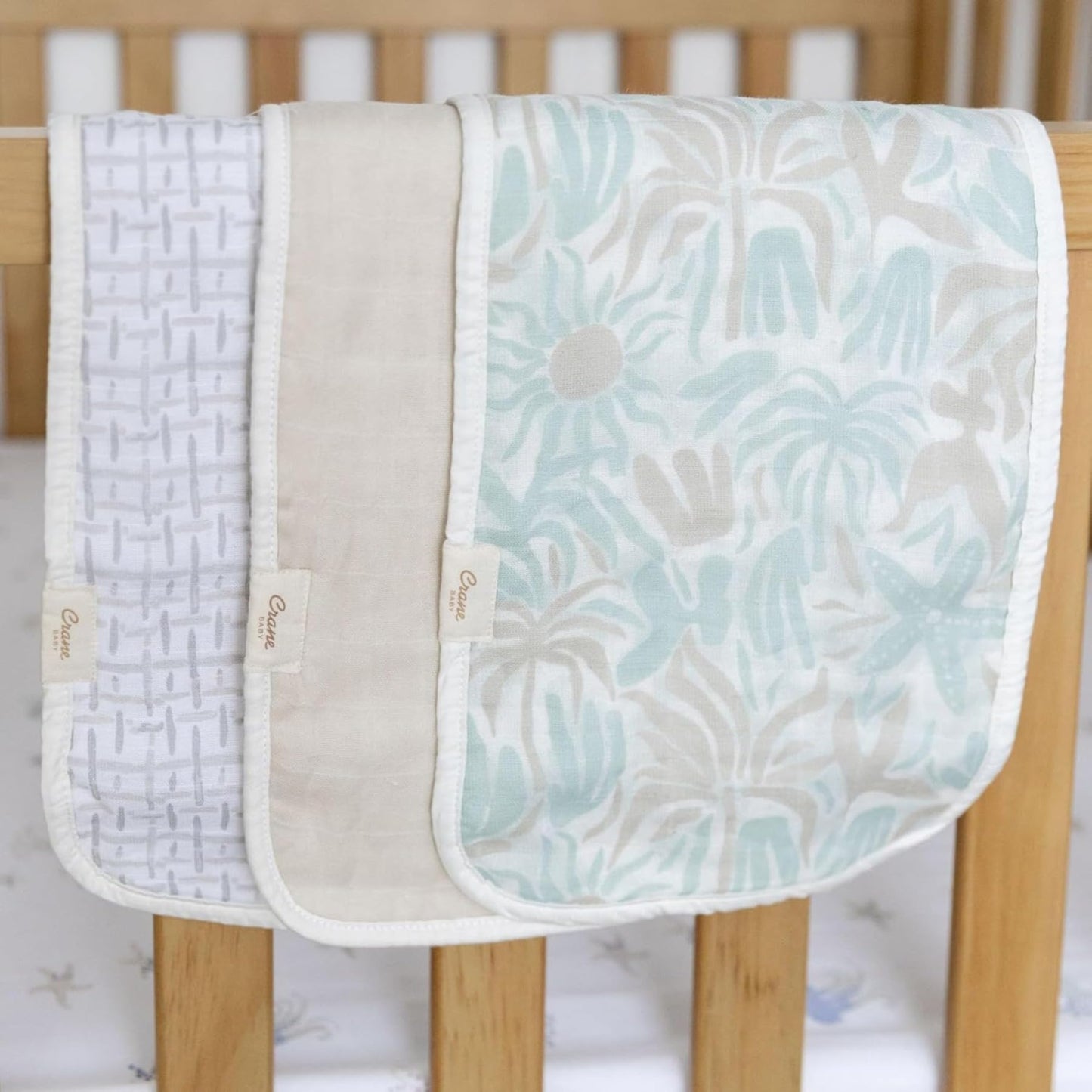 Crane Baby Muslin Burp Cloths, Nautical Theme Whale Design, Baby Boy Essentials, Cotton, Set of 3, 7" x 20" Blue Burp Cloth Set