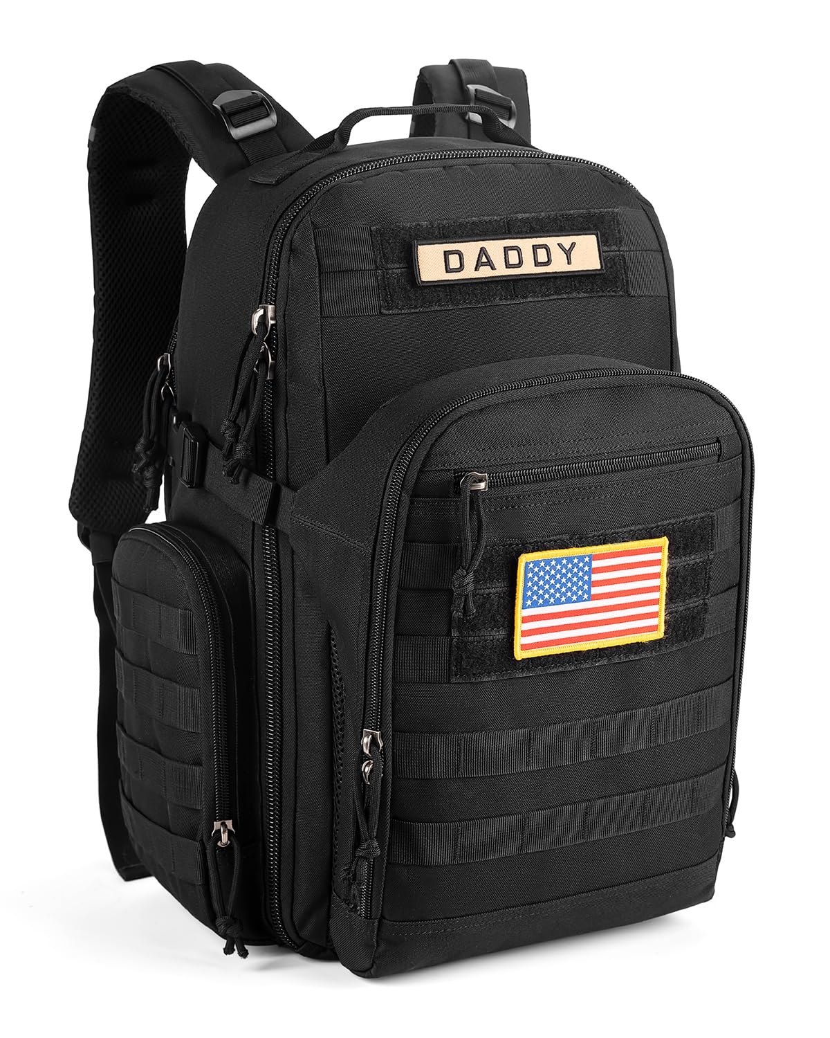 SHARKMOUTH Dad Diaper Bag Backpack - Military Baby Gear Backpacks with Daddy Patches Black