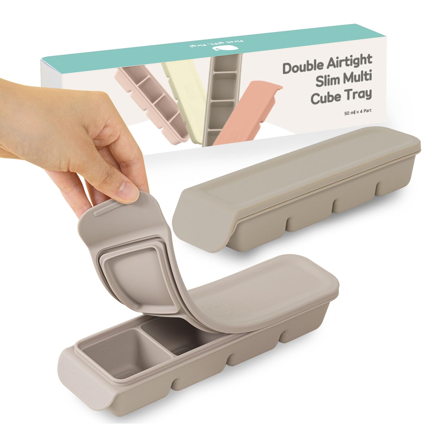 4 Section-1.7oz Gray 100% Food Grade Silicone Ice Cube Tray Food Container with Airtight Locking Lid, Fruit Vegetable Purees, Breastmilk Storage for Baby & Toddler Food | BPA Free Korea Made