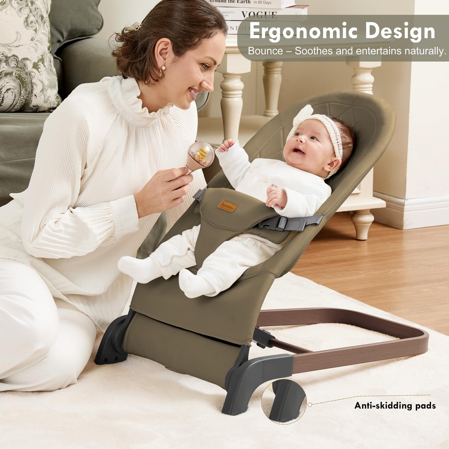 Foldable Baby Bouncer, Baby Seat with 3 Adjustable Heights, Portable Newborn Rocker