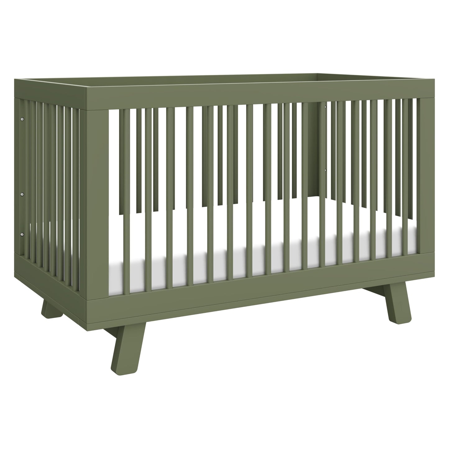 Green crib with white mattress on a white background