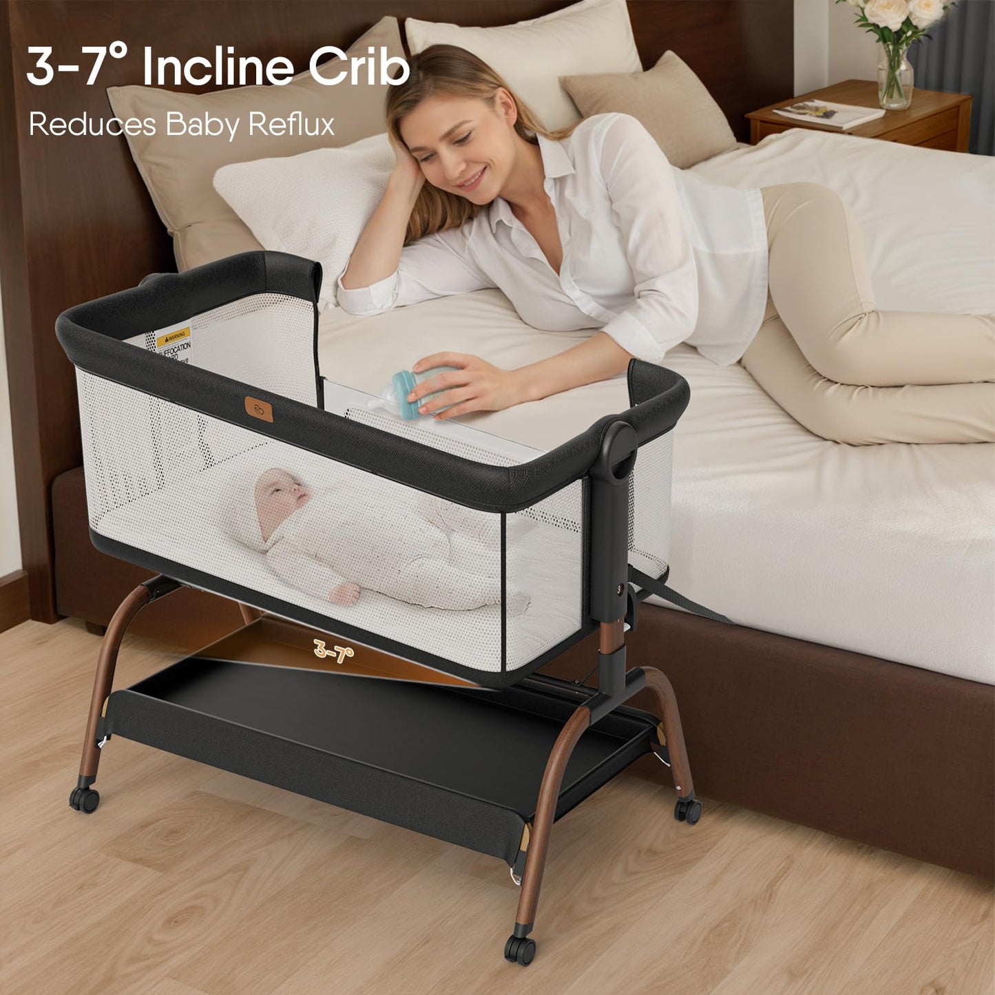 Baby Bassinet Bedside Crib, 3-in-1 Baby Bassinet Bedside Sleeper with Mattress