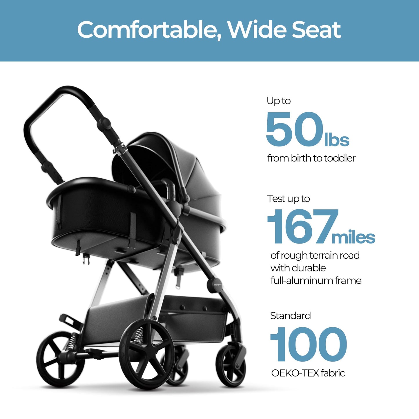 Mompush Wiz 2-in-1 Convertible Baby Stroller with Bassinet Mode, Foldable Infant Stroller with Reversible Seat and Large UPF 50+ Canopy