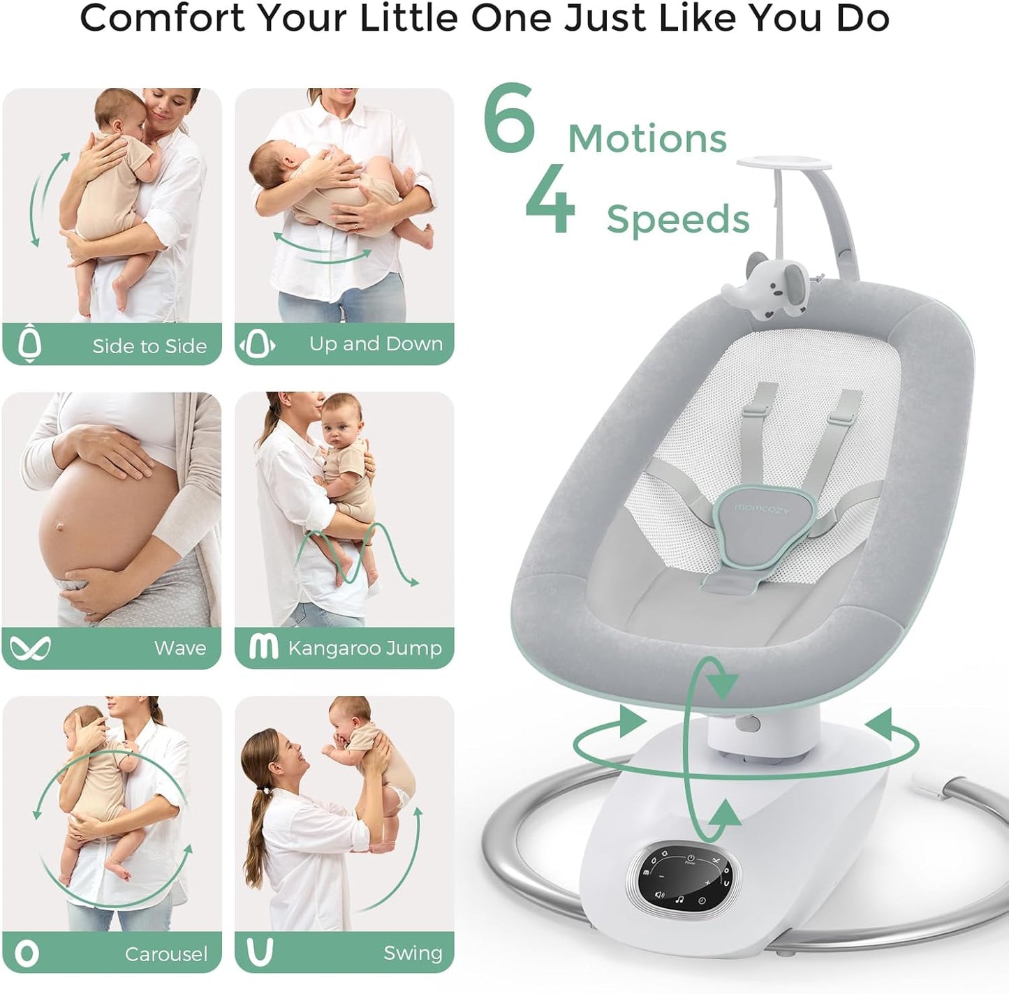 Momcozy CocoSway 3D-Motion Baby Swing for Infants to Toddlers, 6 Motion Modes & 4 Speeds, 180° Rotating Seat, Remote Control, Reclining Seat with 5-Point Harness, 8 Preset Lullabies, Grey