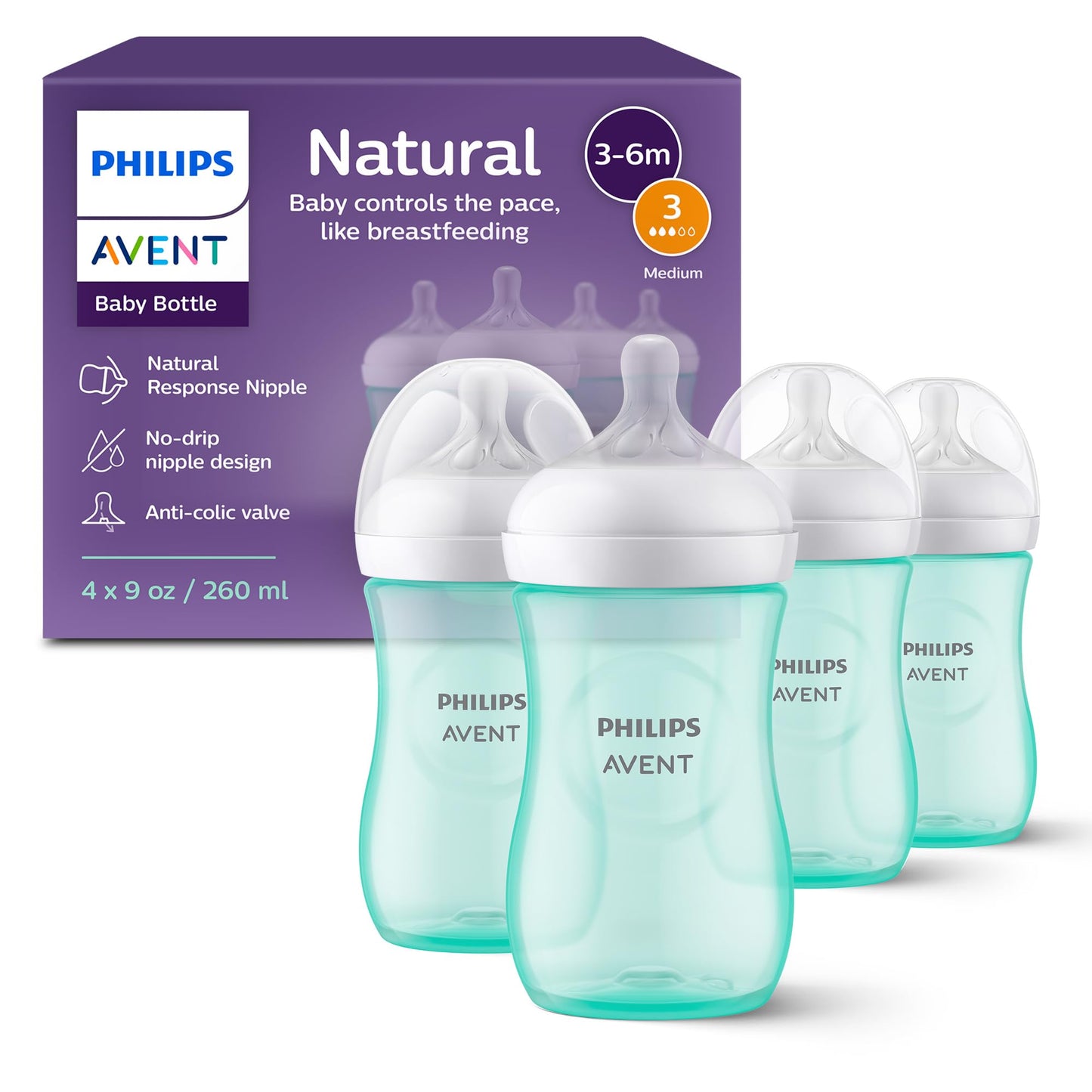 Philips Avent Natural Baby Bottles with Natural Response Nipples (Slow Flow, Flow 2), 4oz, 4-Pack