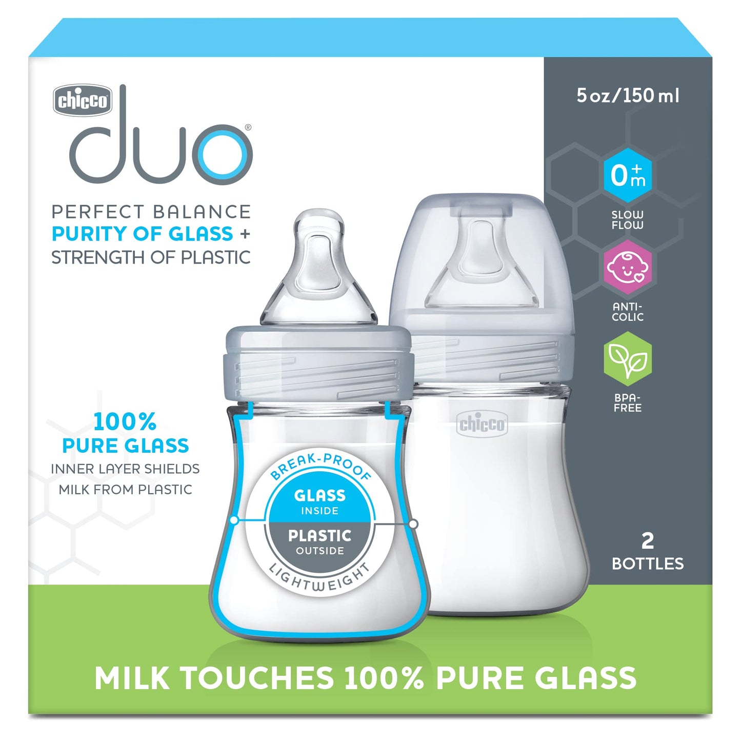 Chicco Duo 9oz. Hybrid Baby Bottle with Invinci-Glass Inside and Plastic Outside | Dishwasher, Bottle Warmer, and Electric Sterilizer Safe | Intui-Latch Nipple | Clear/Grey, 2pk