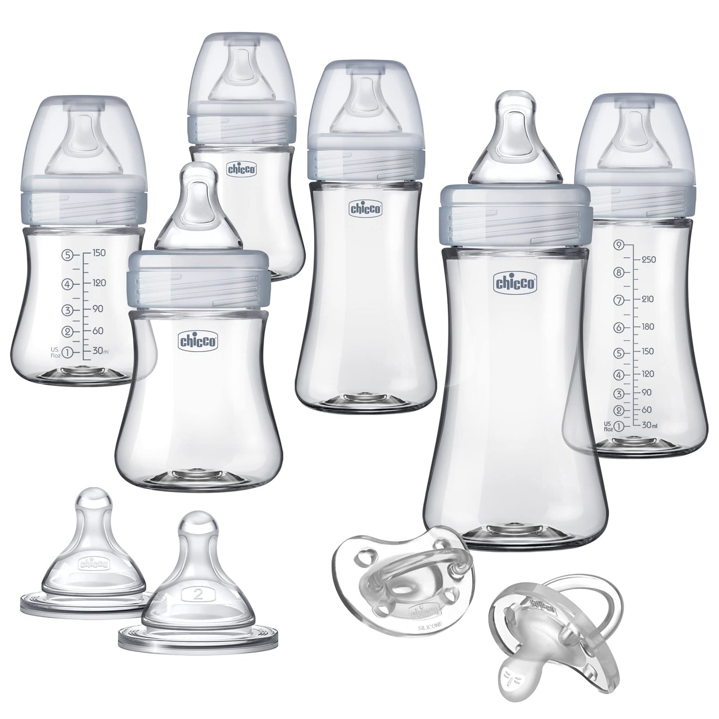 Chicco Duo 9oz. Hybrid Baby Bottle with Invinci-Glass Inside and Plastic Outside | Dishwasher, Bottle Warmer, and Electric Sterilizer Safe | Intui-Latch Nipple | Clear/Grey, 2pk