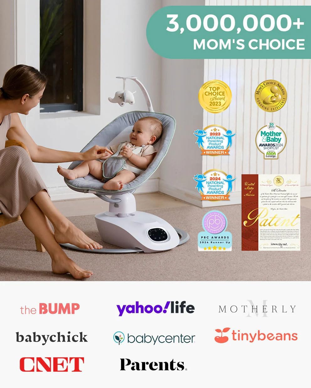Momcozy CocoSway 3D-Motion Baby Swing for Infants to Toddlers, 6 Motion Modes & 4 Speeds, 180° Rotating Seat, Remote Control, Reclining Seat with 5-Point Harness, 8 Preset Lullabies, Grey
