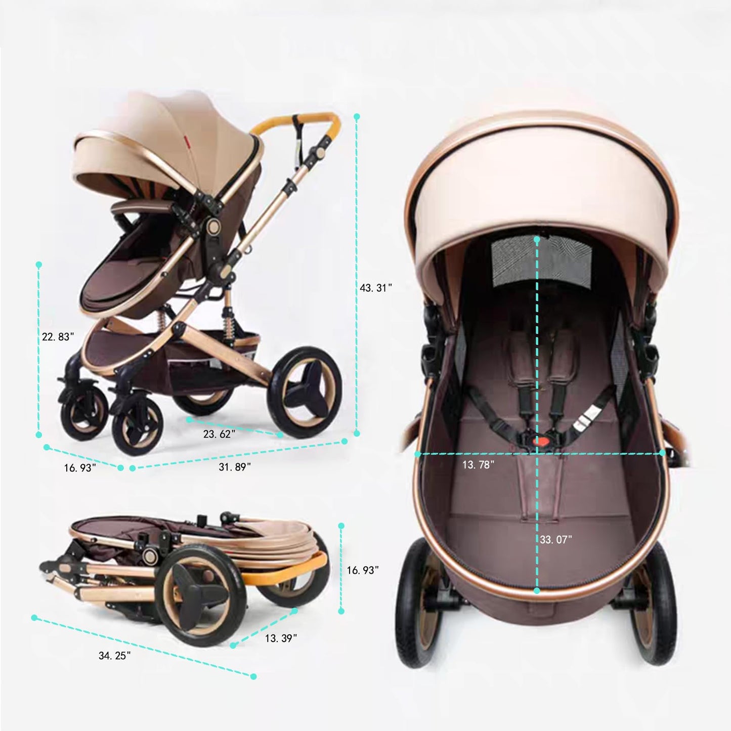 Luxury Baby Stroller 2 in 1 with Bassinet Mode Foldable Infant Stroller High Landscape Reversible Stroller Travel Pram Baby Carriage (Black)