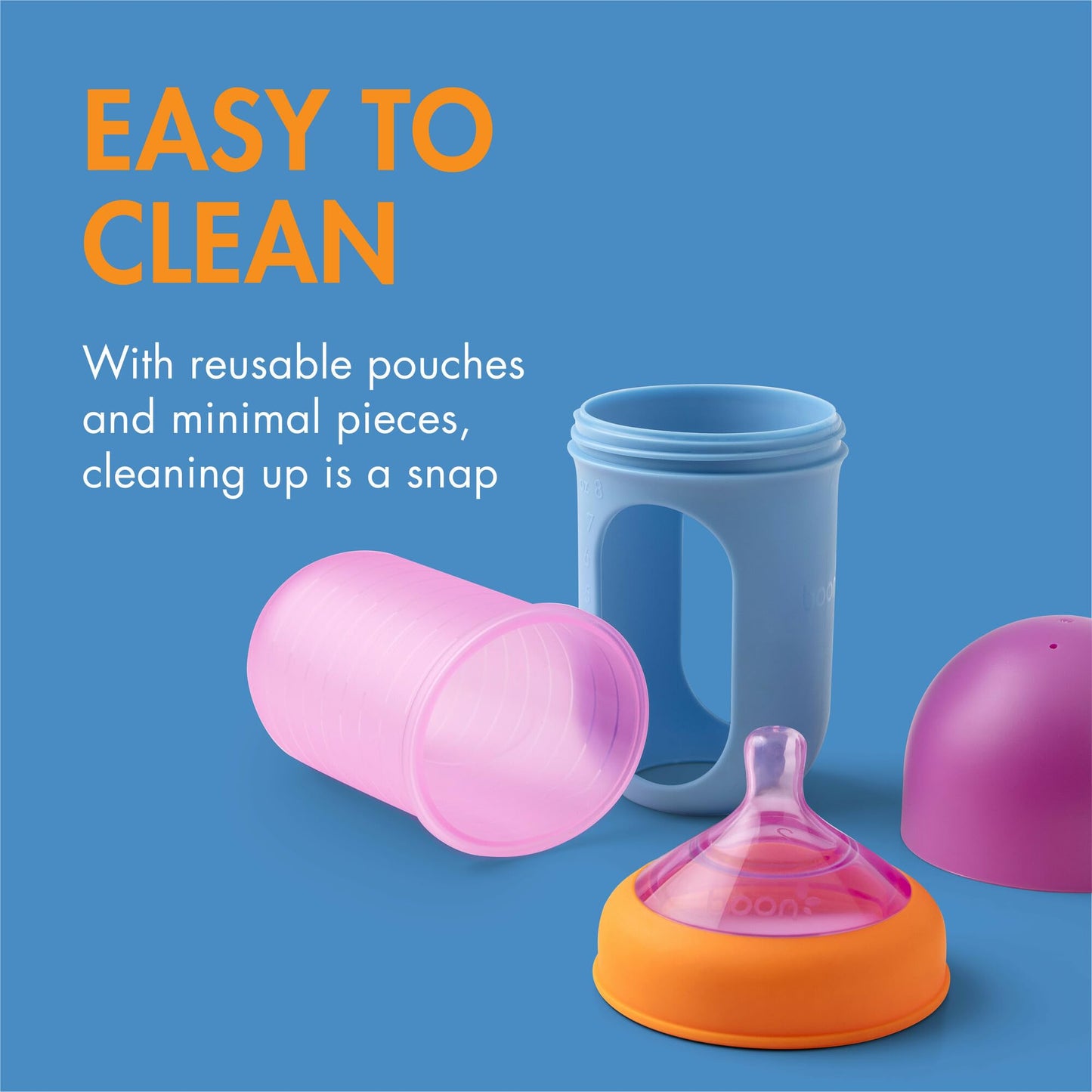 Boon Nursh Reusable Silicone Pouch Baby Bottles - Medium Flow Nipple - Silicone Baby Bottle Pouch and Nipple - Baby Feeding Essentials - Pink - 3-6 Months - 3 Count - 8 Ounce