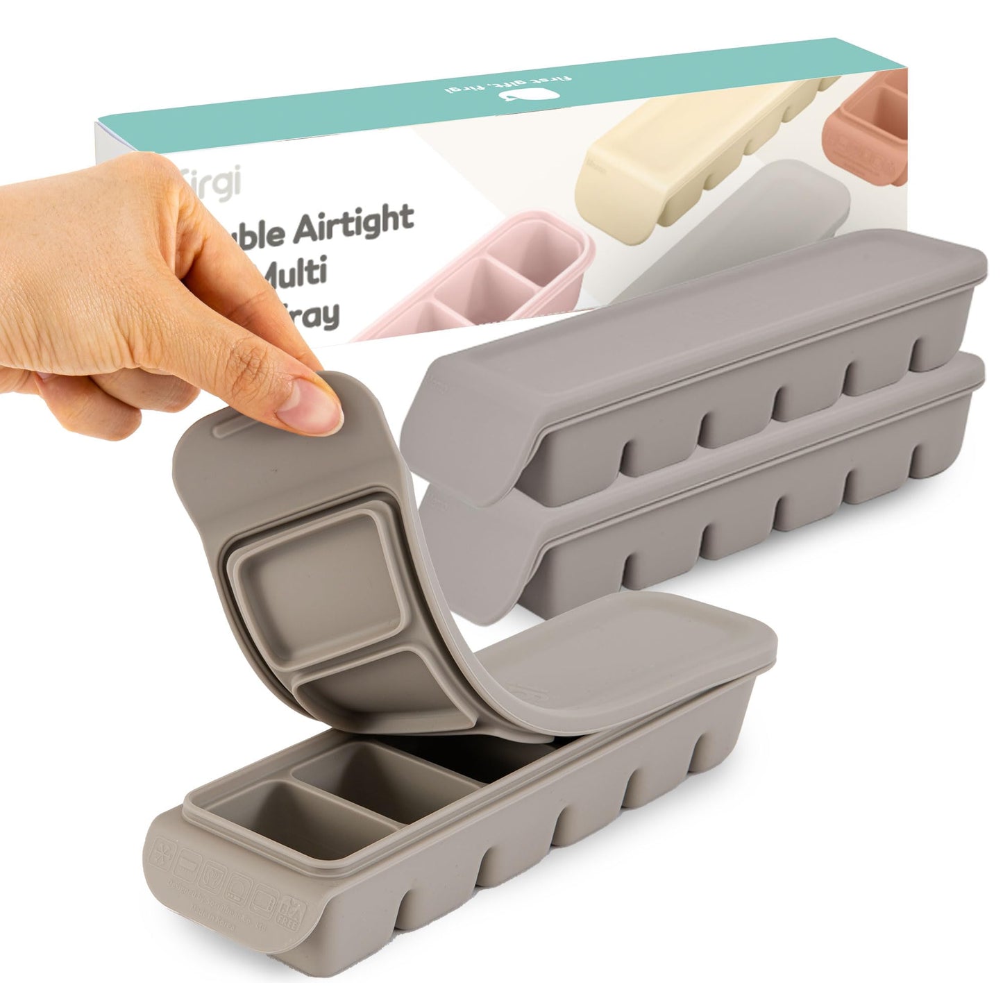 4 Section-1.7oz Gray 100% Food Grade Silicone Ice Cube Tray Food Container with Airtight Locking Lid, Fruit Vegetable Purees, Breastmilk Storage for Baby & Toddler Food | BPA Free Korea Made
