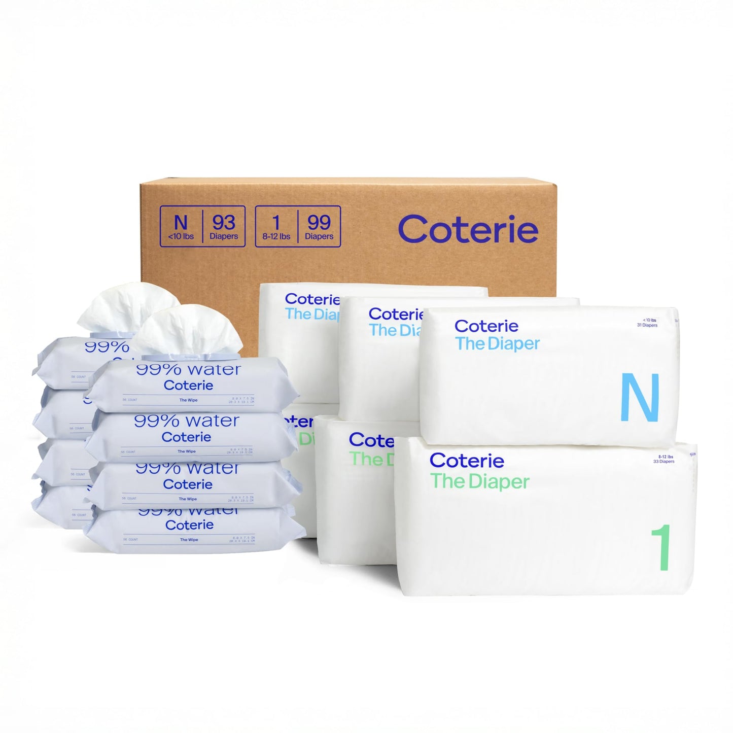 Coterie Baby Wipes + Diapers Kit, Size 1 (198 Count) & Size Newborn Diapers (93 Count), 4 Pack (224) Wipes with 99% Water, Plant Based Materials, Hypoallergenic for Sensitive Skin, Baby Essentials