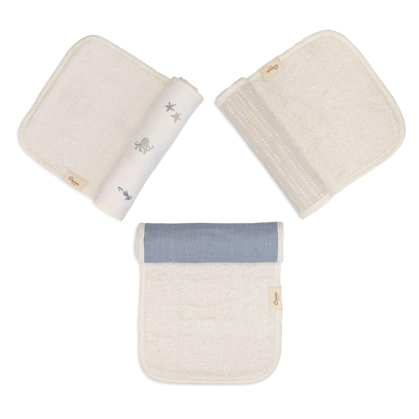 Crane Baby Muslin Burp Cloths, Nautical Theme Whale Design, Baby Boy Essentials, Cotton, Set of 3, 7" x 20" Blue Burp Cloth Set