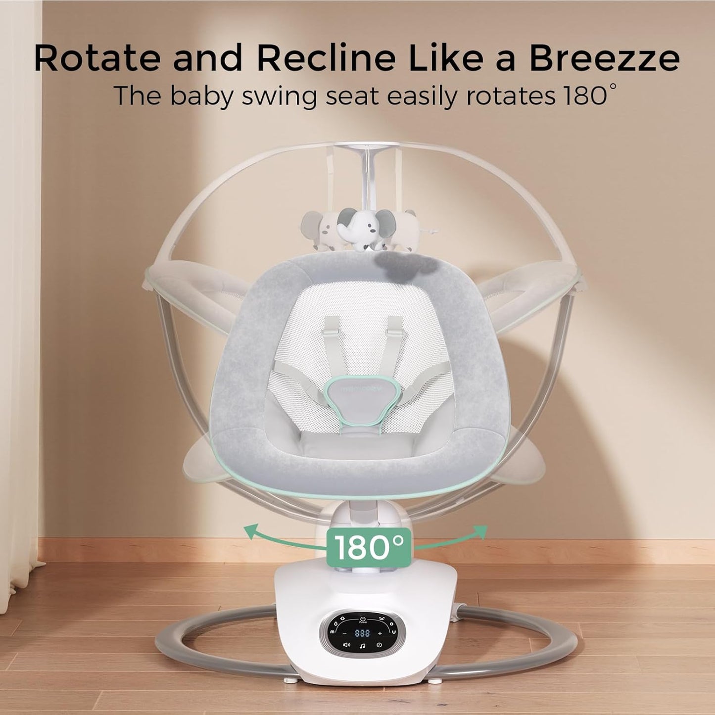 Momcozy CocoSway 3D-Motion Baby Swing for Infants to Toddlers, 6 Motion Modes & 4 Speeds, 180° Rotating Seat, Remote Control, Reclining Seat with 5-Point Harness, 8 Preset Lullabies, Grey