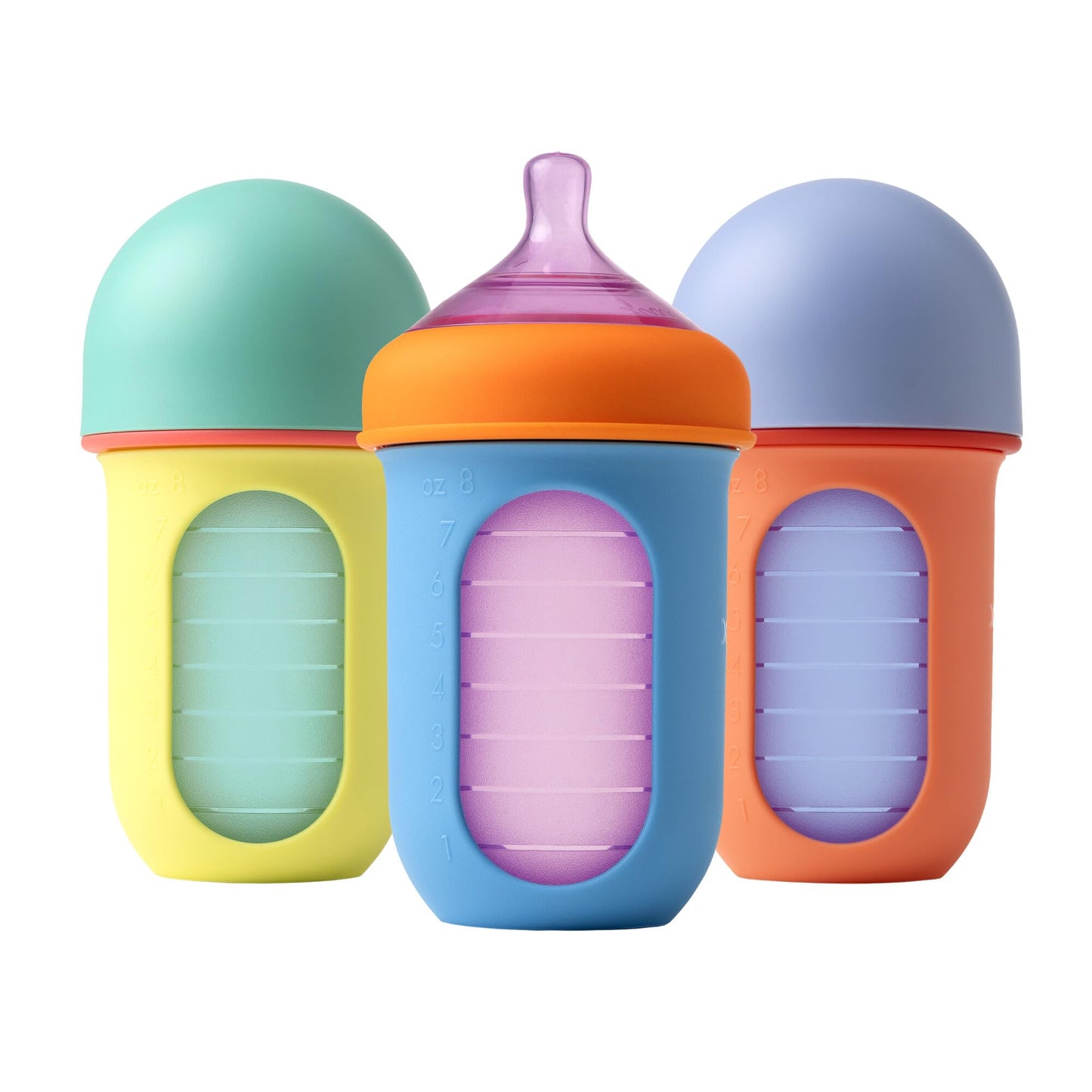 Boon Nursh Reusable Silicone Pouch Baby Bottles - Medium Flow Nipple - Silicone Baby Bottle Pouch and Nipple - Baby Feeding Essentials - Pink - 3-6 Months - 3 Count - 8 Ounce