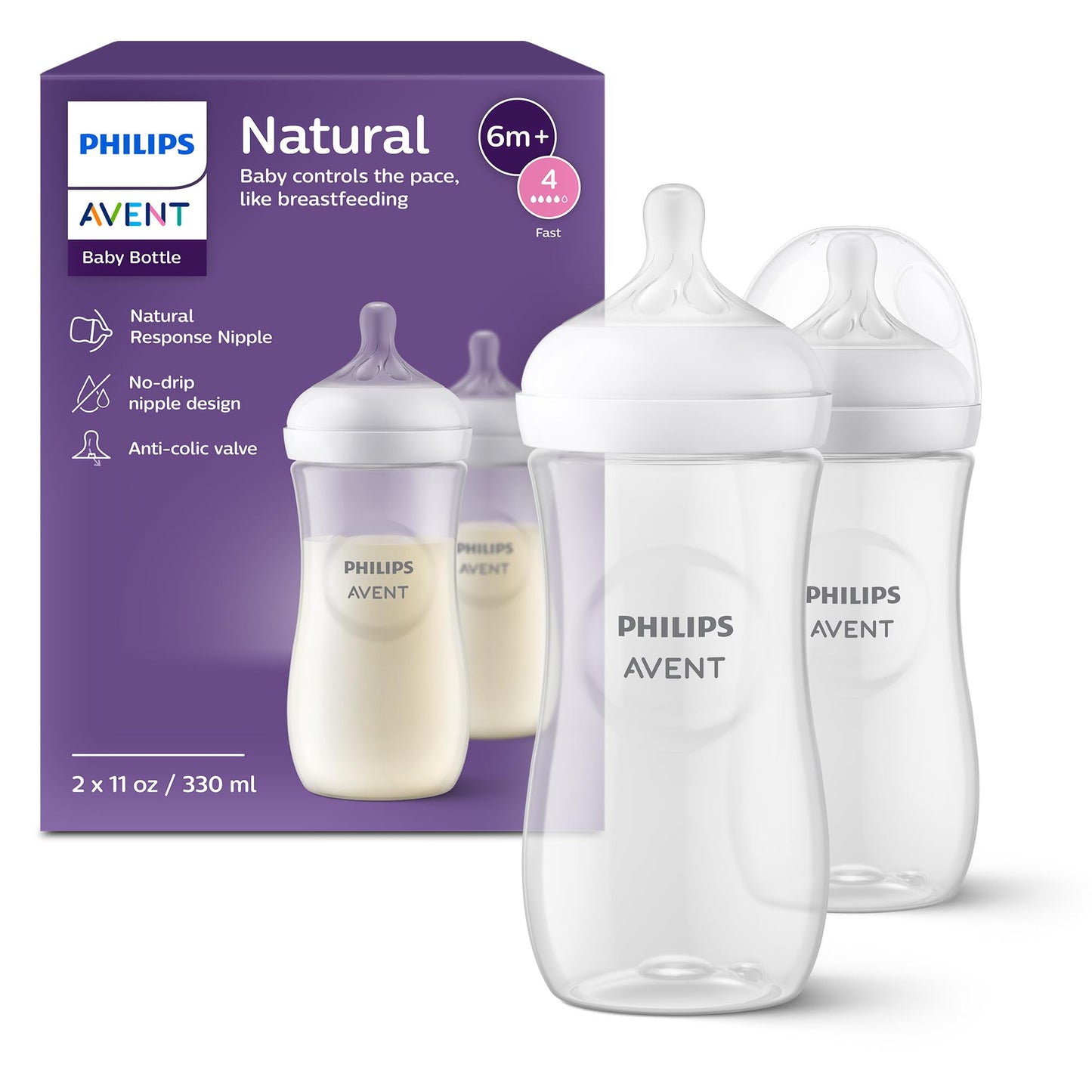 Philips Avent Natural Baby Bottles with Natural Response Nipples (Slow Flow, Flow 2), 4oz, 4-Pack