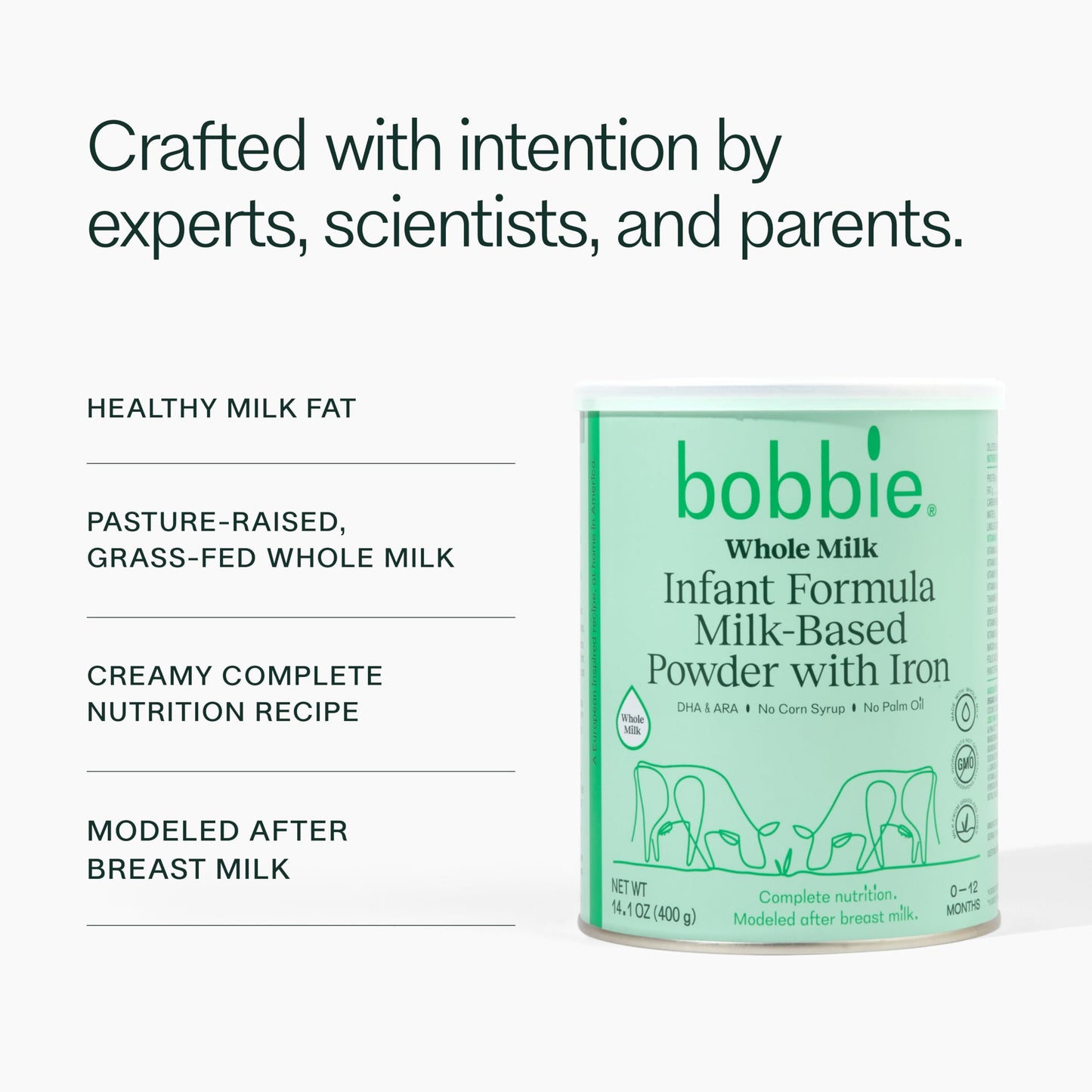 Bobbie Whole Milk, Grass Fed Infant Formula with Iron, Plant Based DHA and ARA, Vitamin D and Protein Blend Modeled After Breast Milk