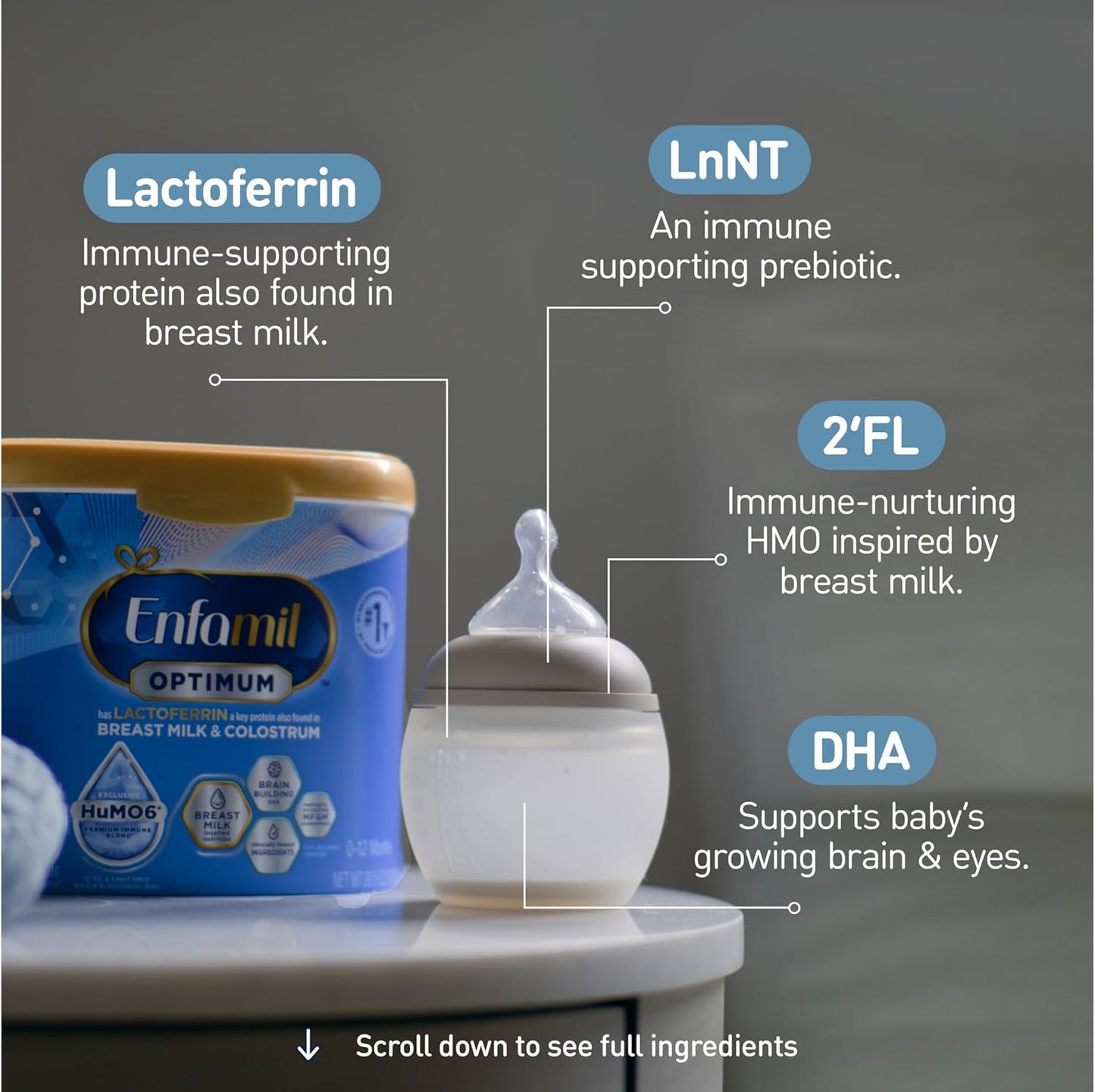 Enfamil Optimum (Enspire), Our Closest Formula to Breast Milk, Immune-Supporting Lactoferrin and Brain-Supporting DHA Baby Formula, Powder 20.5 Oz Tub