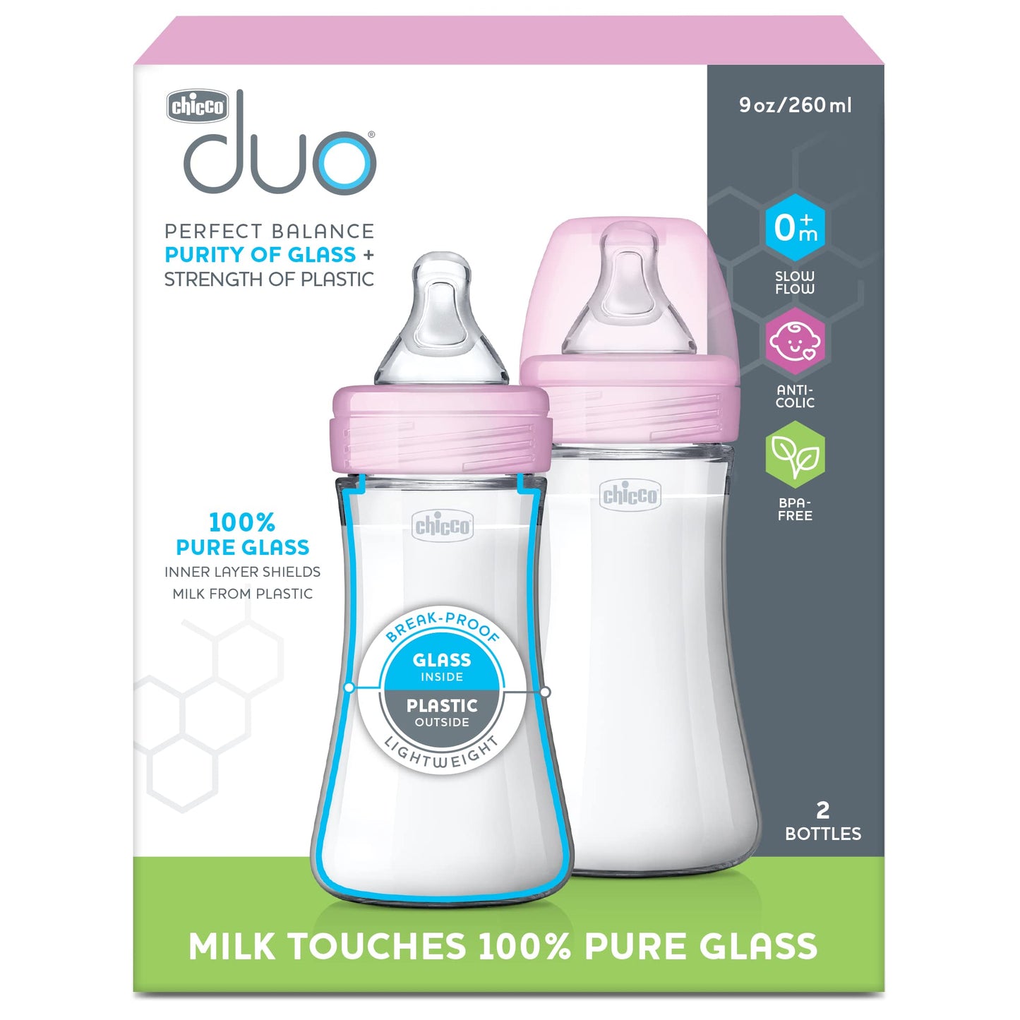 Chicco Duo 9oz. Hybrid Baby Bottle with Invinci-Glass Inside and Plastic Outside | Dishwasher, Bottle Warmer, and Electric Sterilizer Safe | Intui-Latch Nipple | Clear/Grey, 2pk