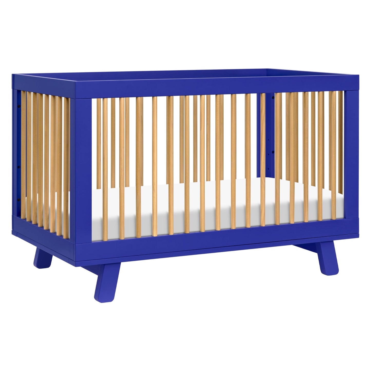 Blue crib with wooden slats on a white background