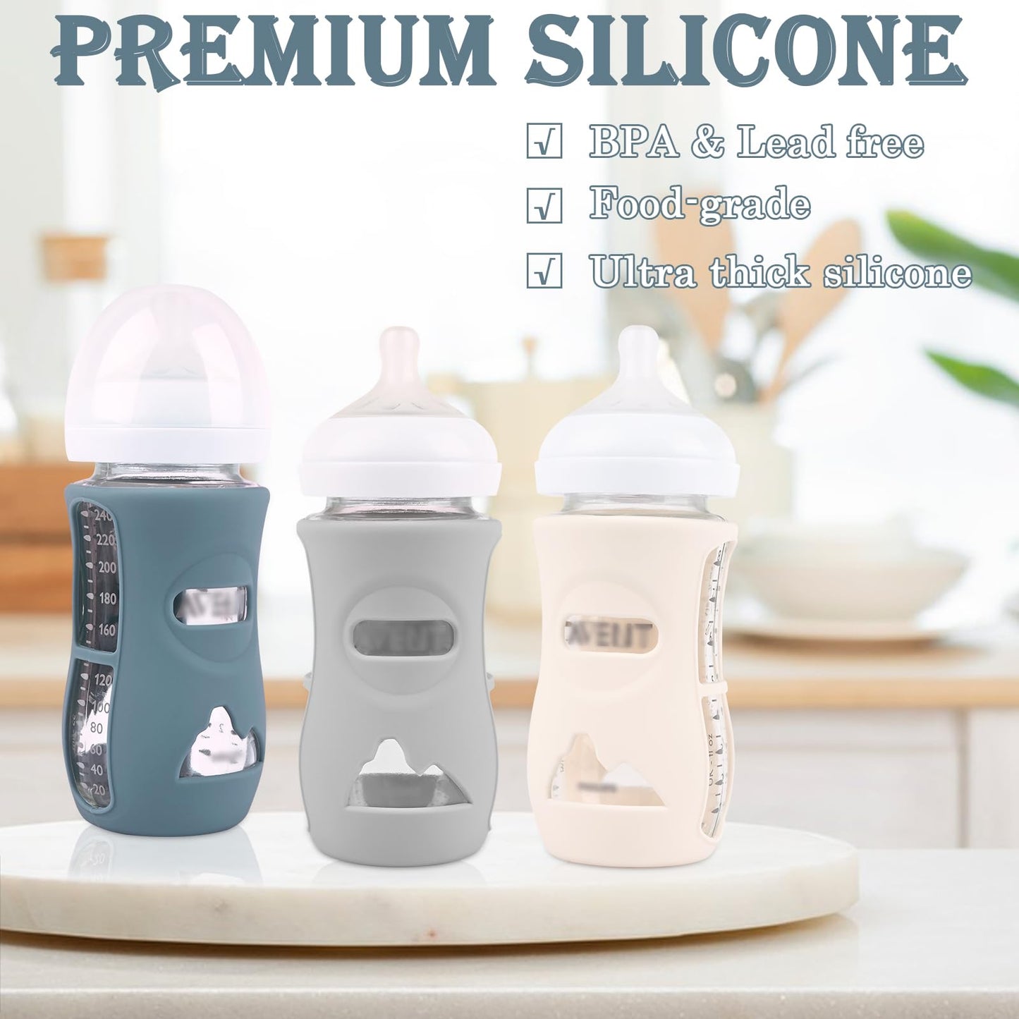 3 Pack Silicone Sleeves for Avent Natural Glass Baby Bottles, Anti Breakage Baby Bottle Holder, Compatible Philips Avent Glass Natural Baby Bottle 4 oz(Grey+Dark Blue+Apricot)