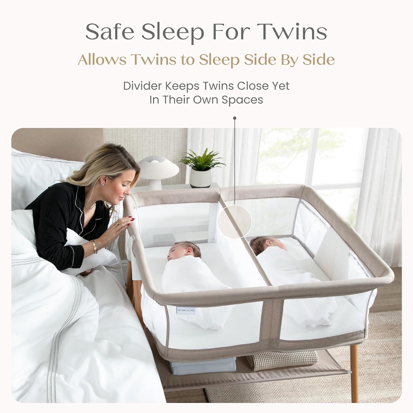 Bondi Beechwood Twin Bassinet with PureAir Breathable Mesh Sheet and FSC-Certified Wood, Tan