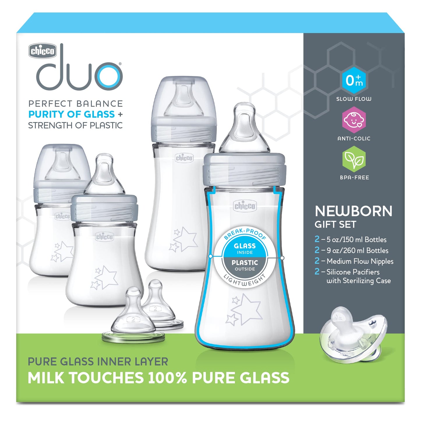 Chicco Duo 9oz. Hybrid Baby Bottle with Invinci-Glass Inside and Plastic Outside | Dishwasher, Bottle Warmer, and Electric Sterilizer Safe | Intui-Latch Nipple | Clear/Grey, 2pk