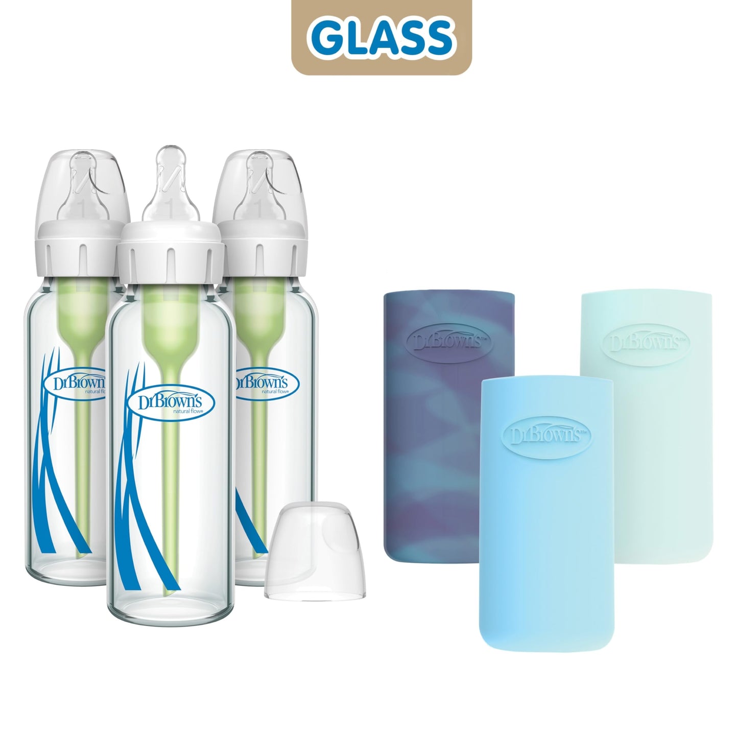 Dr. Brown's Natural Flow Anti-Colic Options+ Narrow Glass Baby Bottle Starter Set with Silicone Bottle Sleeves, Brush & Soft 100% Silicone HappyPaci Pacifier for Newborns, 0m+