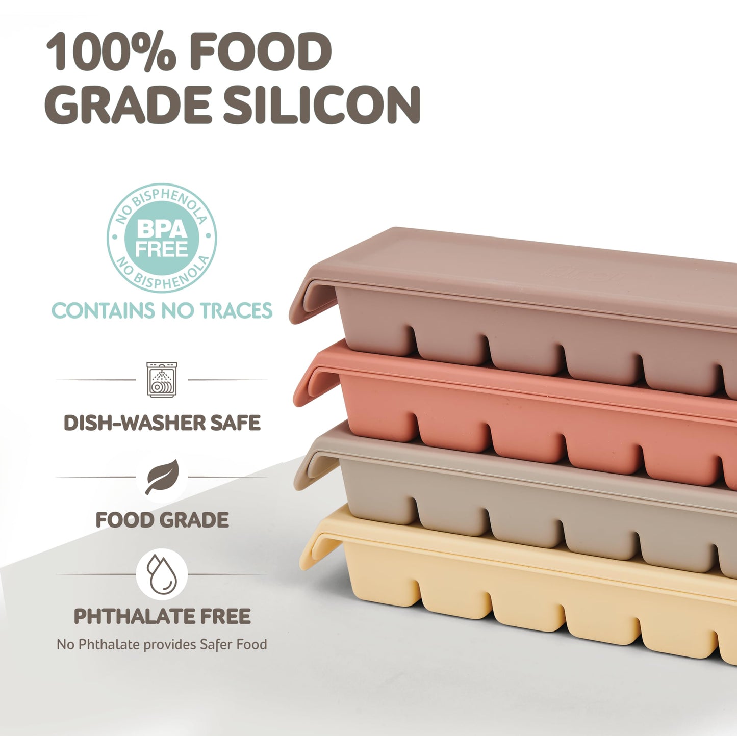 4 Section-1.7oz Gray 100% Food Grade Silicone Ice Cube Tray Food Container with Airtight Locking Lid, Fruit Vegetable Purees, Breastmilk Storage for Baby & Toddler Food | BPA Free Korea Made
