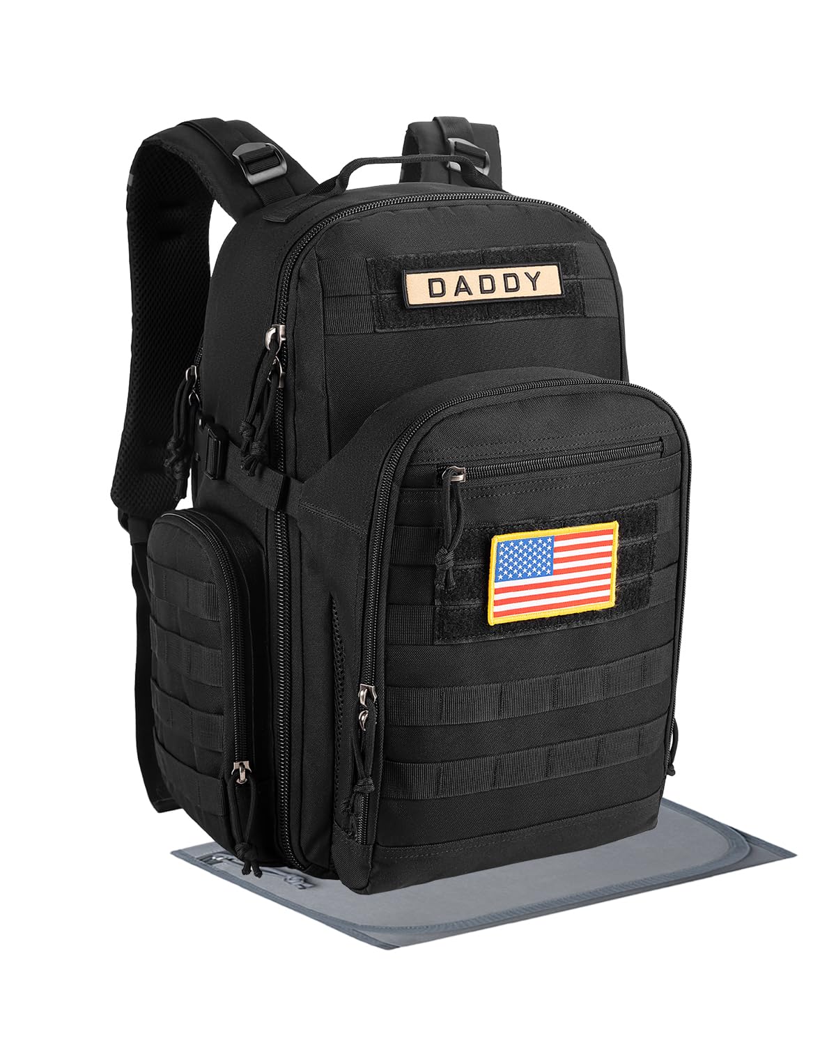 SHARKMOUTH Dad Diaper Bag Backpack - Military Baby Gear Backpacks with Daddy Patches Black
