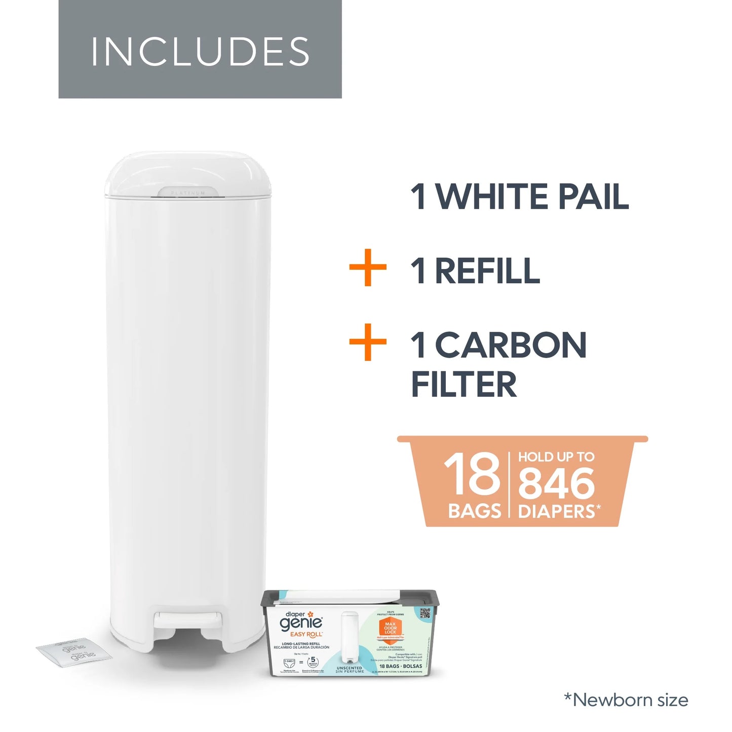 Platinum Pail,White,Stainless Steel, 1 Diaper Pail,1 Easy Roll 18 Bags, Infant