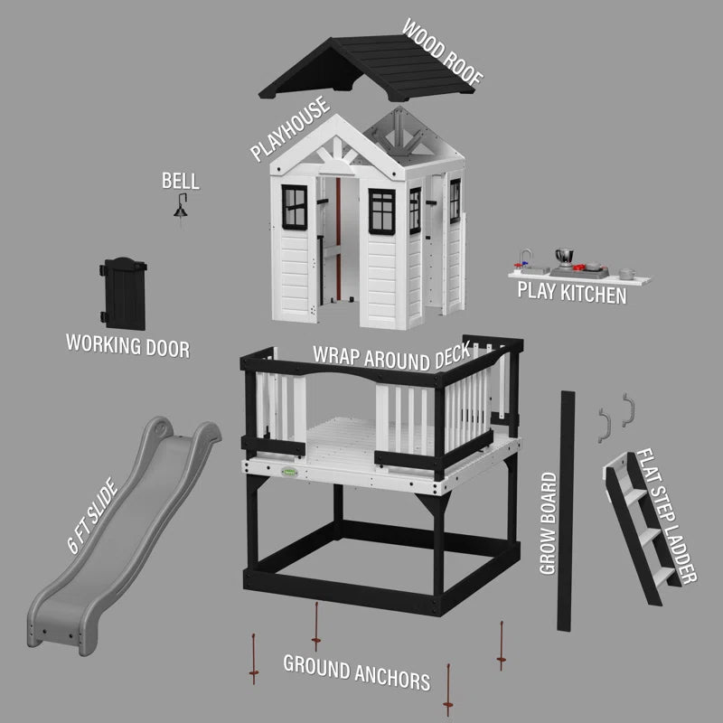 Sweetwater Heights White Cedar Wooden Elevated Kids Playhouse with Wave Slide, Play Kitchen, and Deck