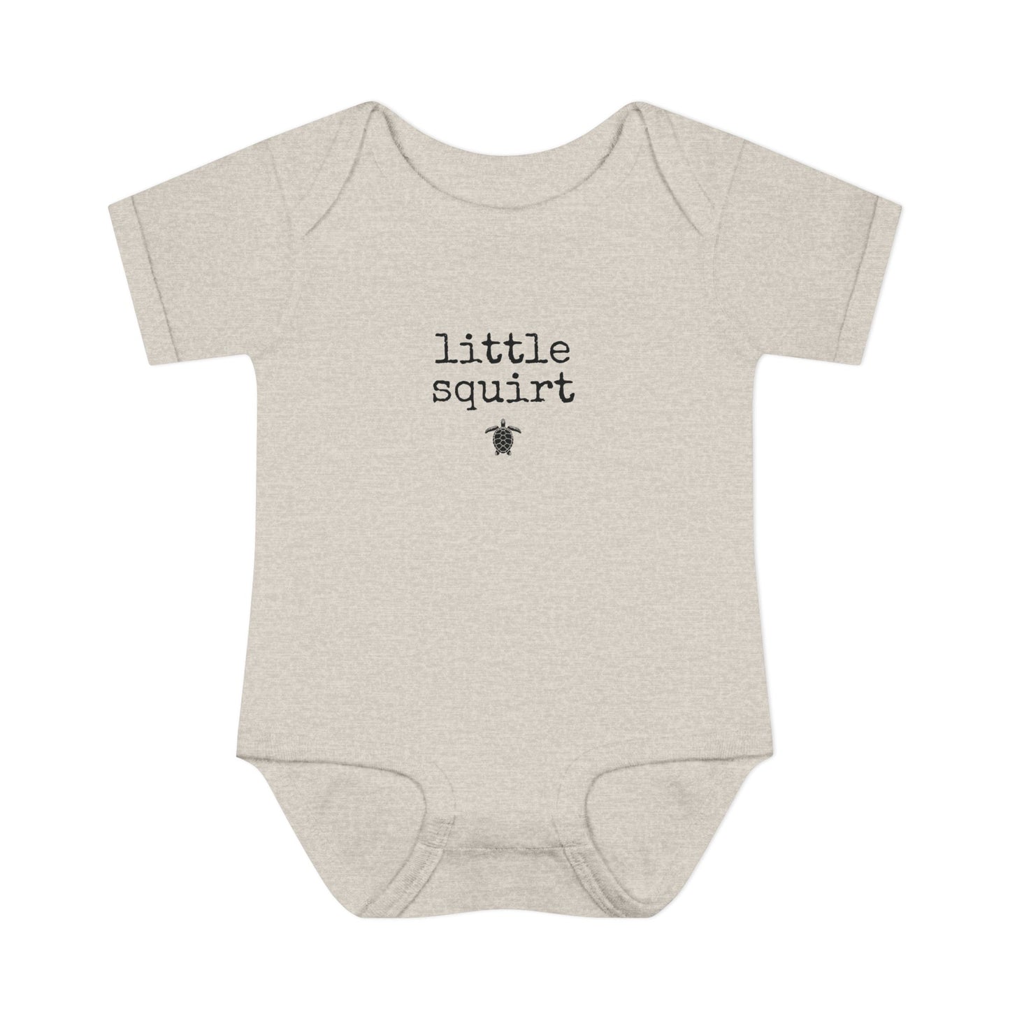 Beige baby onesie with 'little squirt' text on a white background