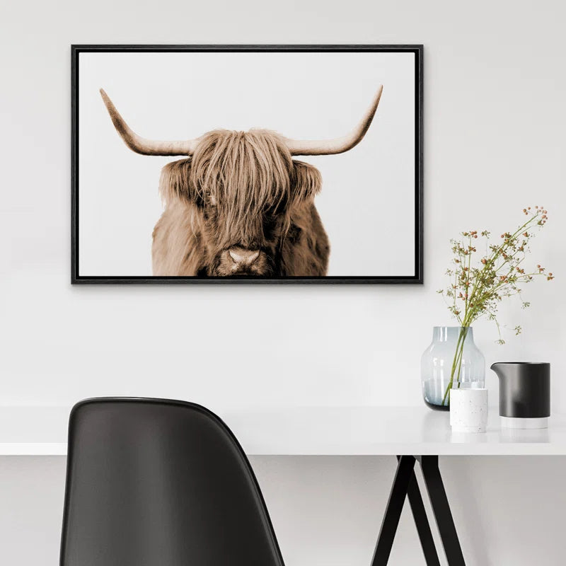 Brown Cute Highland Cow Framed Canvas Print Wall Art Work