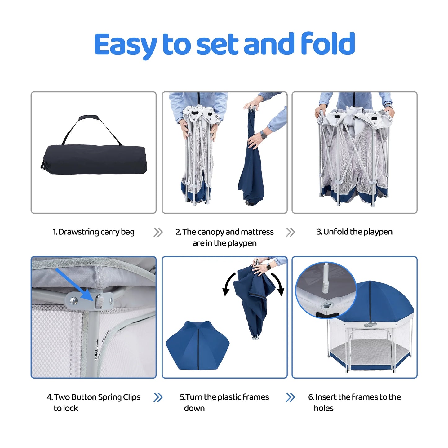Unisex Premium Indoor and Outdoor Baby Playpen - Portable, Lightweight, Toddler Play Yard with Canopy and Travel Bag - Blue