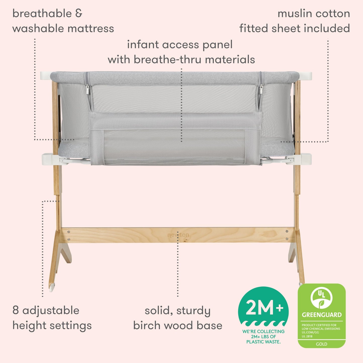 Newton Baby Essential Bassinet – Ultra-Breathable, Completely Washable, More Airflow for Safer, Cooler Sleep, Non-Toxic, Bedside Sleeper, Storage Shelf