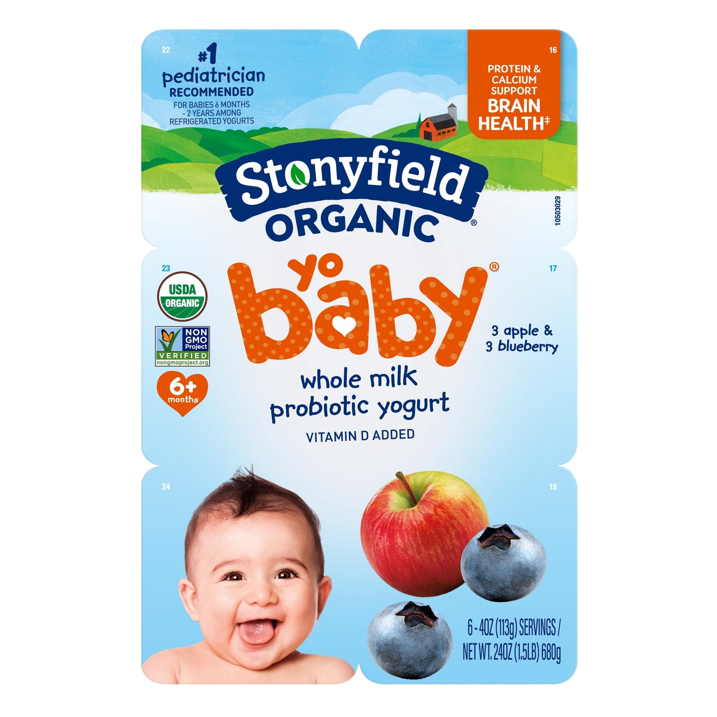 Stonyfield Organic YoBaby Whole Milk Baby Yogurt Cups with Probiotics, Plain, 4 Oz, 6 Pack