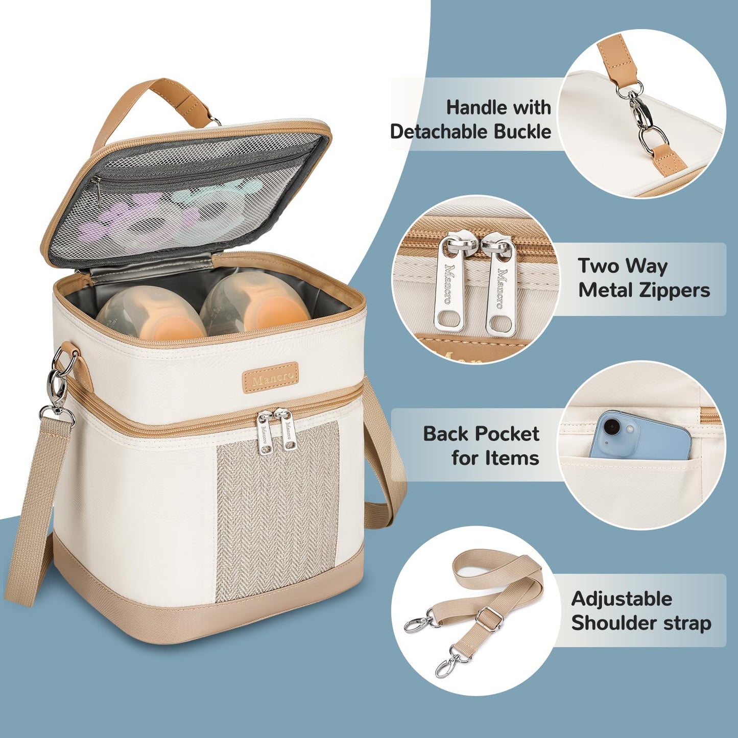 Mancro Breastmilk Cooler Bag with Ice Pack, Double Layer Insulated Baby Bottles Bag Fits 6 Bottles Up to 9 Ounces, Portable Breast Pump Cooler Travel Bag for Daycare and Nursing Moms, Beige