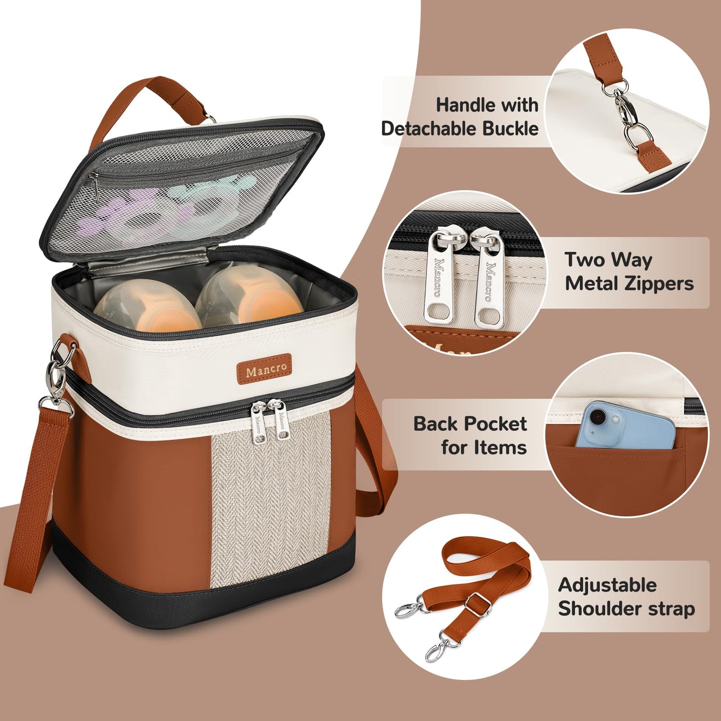 Mancro Breastmilk Cooler Bag with Ice Pack, Double Layer Insulated Baby Bottles Bag Fits 6 Bottles Up to 9 Ounces, Portable Breast Pump Cooler Travel Bag for Daycare and Nursing Moms, Beige