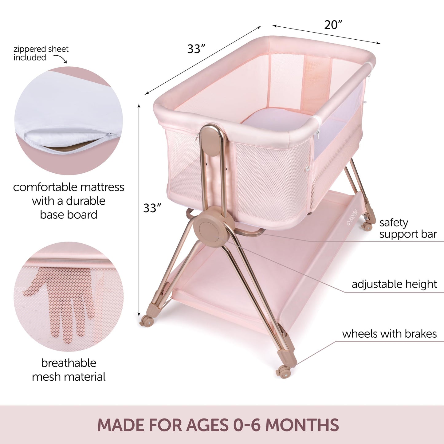 Baby Bedside Sleeper - Bassinet & Bedside Crib with Height Adjustment & Wheels - Can Be Placed Next to Bed - Attaches to Parents Bed - Easy to Fold & Carry Bassinet for Girls (Pink)