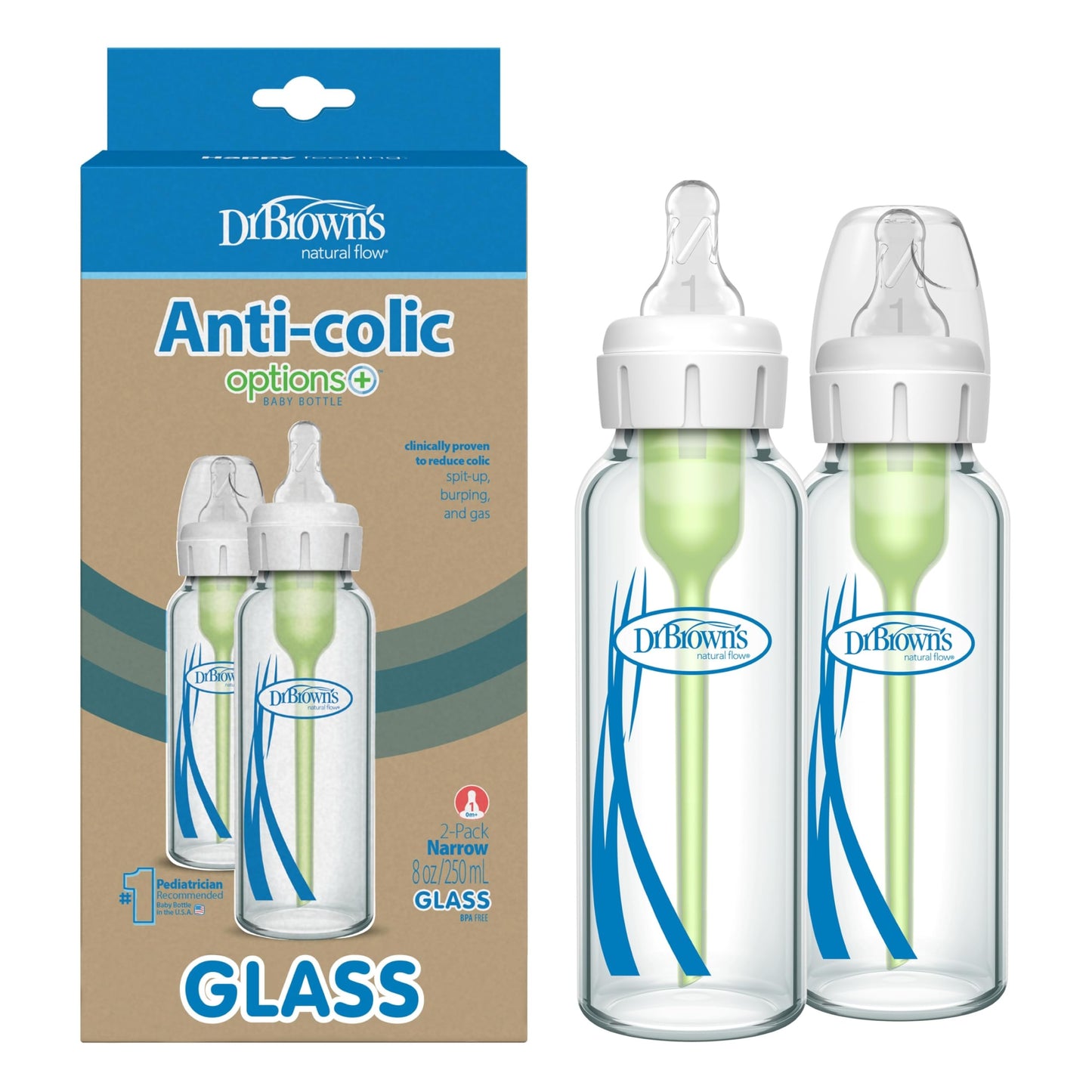 Dr. Brown's Natural Flow Anti-Colic Options+ Narrow Glass Baby Bottle Starter Set with Silicone Bottle Sleeves, Brush & Soft 100% Silicone HappyPaci Pacifier for Newborns, 0m+