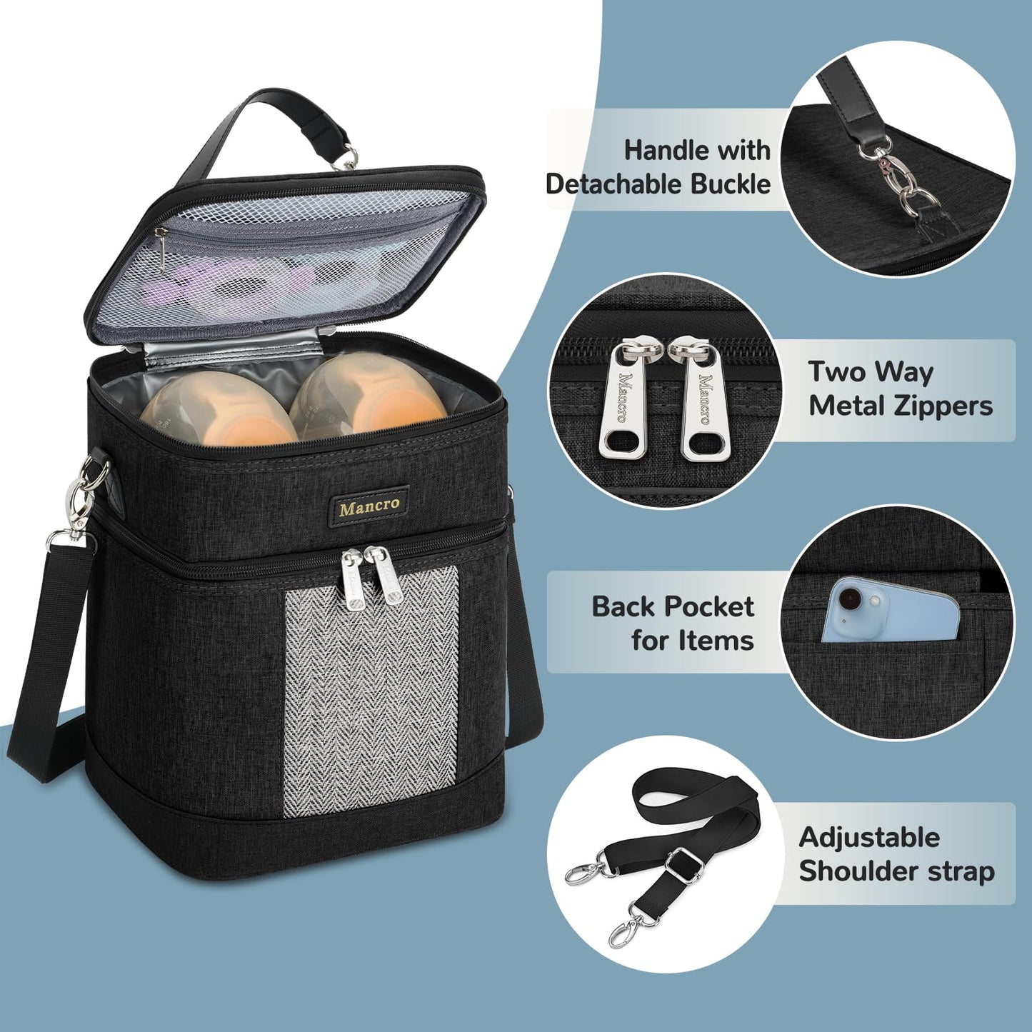 Mancro Breastmilk Cooler Bag with Ice Pack, Double Layer Insulated Baby Bottles Bag Fits 6 Bottles Up to 9 Ounces, Portable Breast Pump Cooler Travel Bag for Daycare and Nursing Moms, Beige